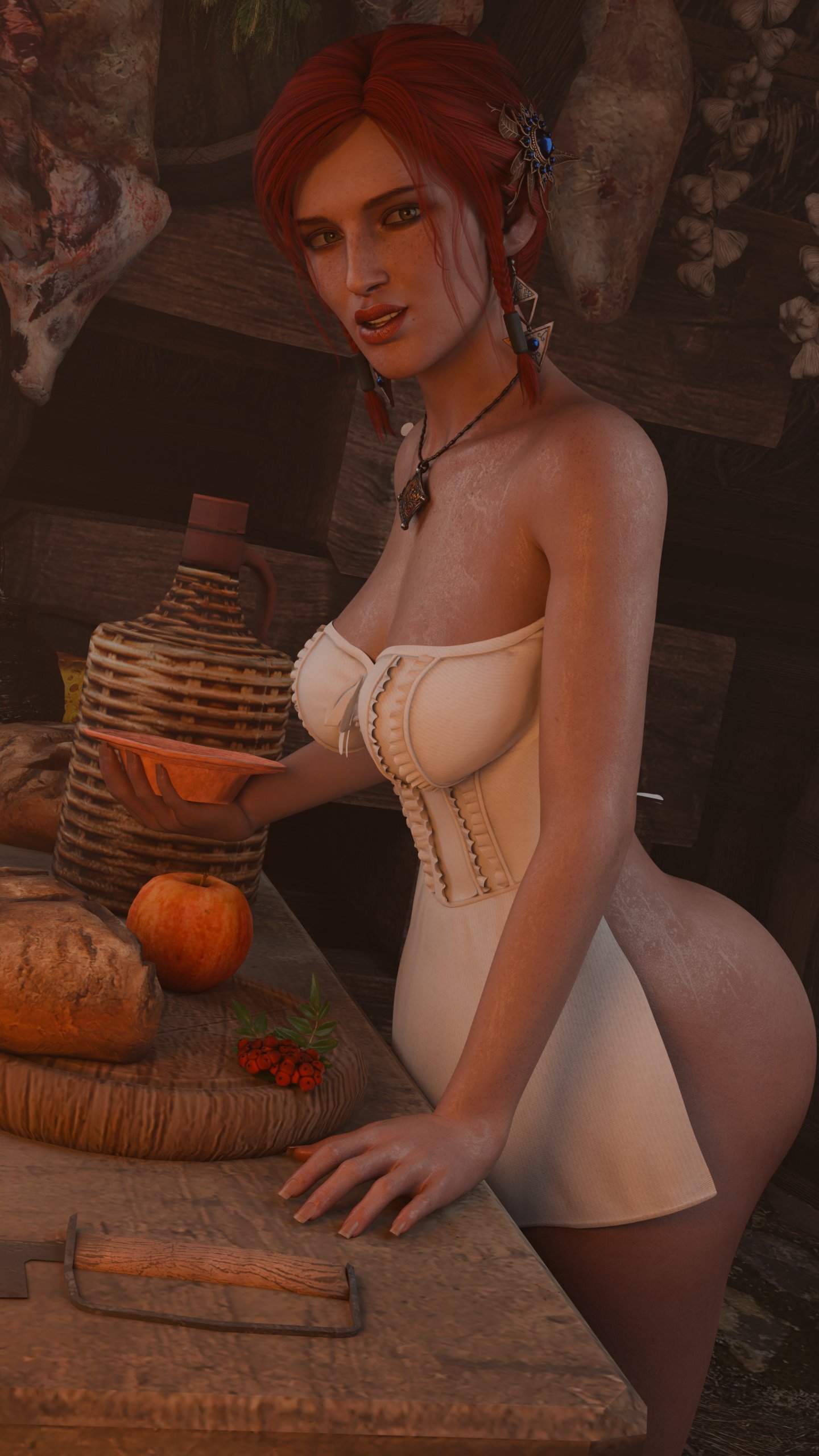 1girls, 3d, apron, apron only, ass, big ass, breasts, bubble butt, cd projekt red, earrings, eating, female, female only, fomos, freckles, freckles on face, light skin, light-skinned female, looking at viewer, mascara, necklace, nude, red hair, solo, solo female, the witcher (series), the witcher 3: wild hunt, triss merigold, wet body