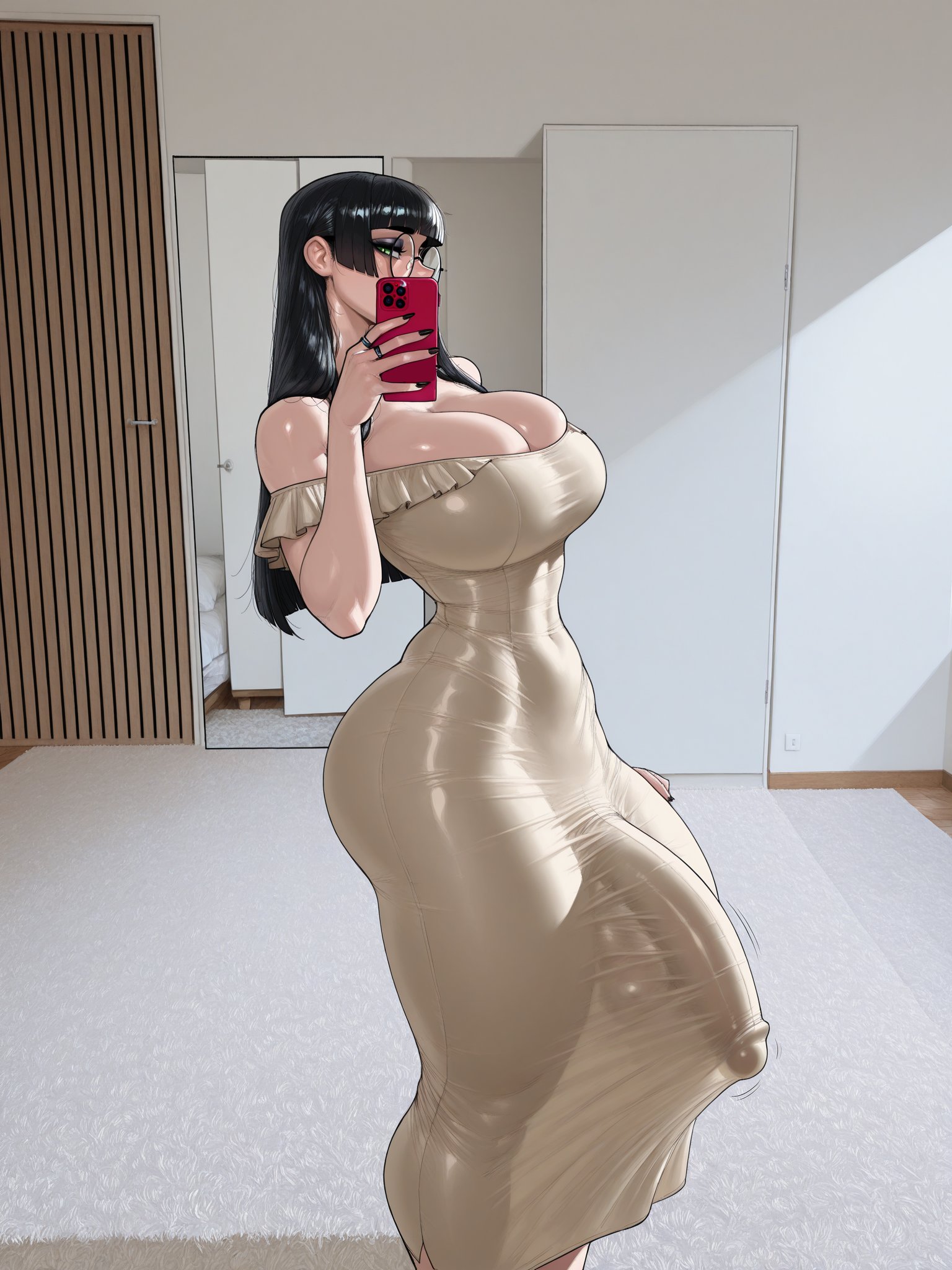 ai generated, balls, big balls, big breasts, big bulge, big penis, black hair, blush, bulge, bulge through clothing, color, dress, futa only, futanari, hi res, huge balls, huge cock, imminent fellatio, imminent oral, large breasts, light skin, long hair, long penis, looking at viewer, massive penis, original character, pent up, poney, selfie, solo, solo futa, standing, thick penis, thighs, throbbing penis, trend