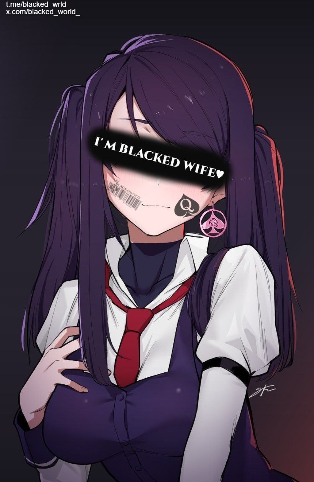 1girl ai_generated anime_style ass_focus bbc bbc_addict blacked blacked_queen blacked_wrld blush body_writing breeding breeding_cow curvy dark-skinned_male dramatic_lighting explicit heavy_makeup highres huge_ass huge_breasts indoors interracial large_breasts light-skinned_female long_hair mind_break purple_eyes purple_hair queen_of_spades red_tie school_uniform solo_focus spade_tattoo submissive_female tattooed_female text thick_bbc thick_thighs twintails voluptuous white_shirt wide_hips