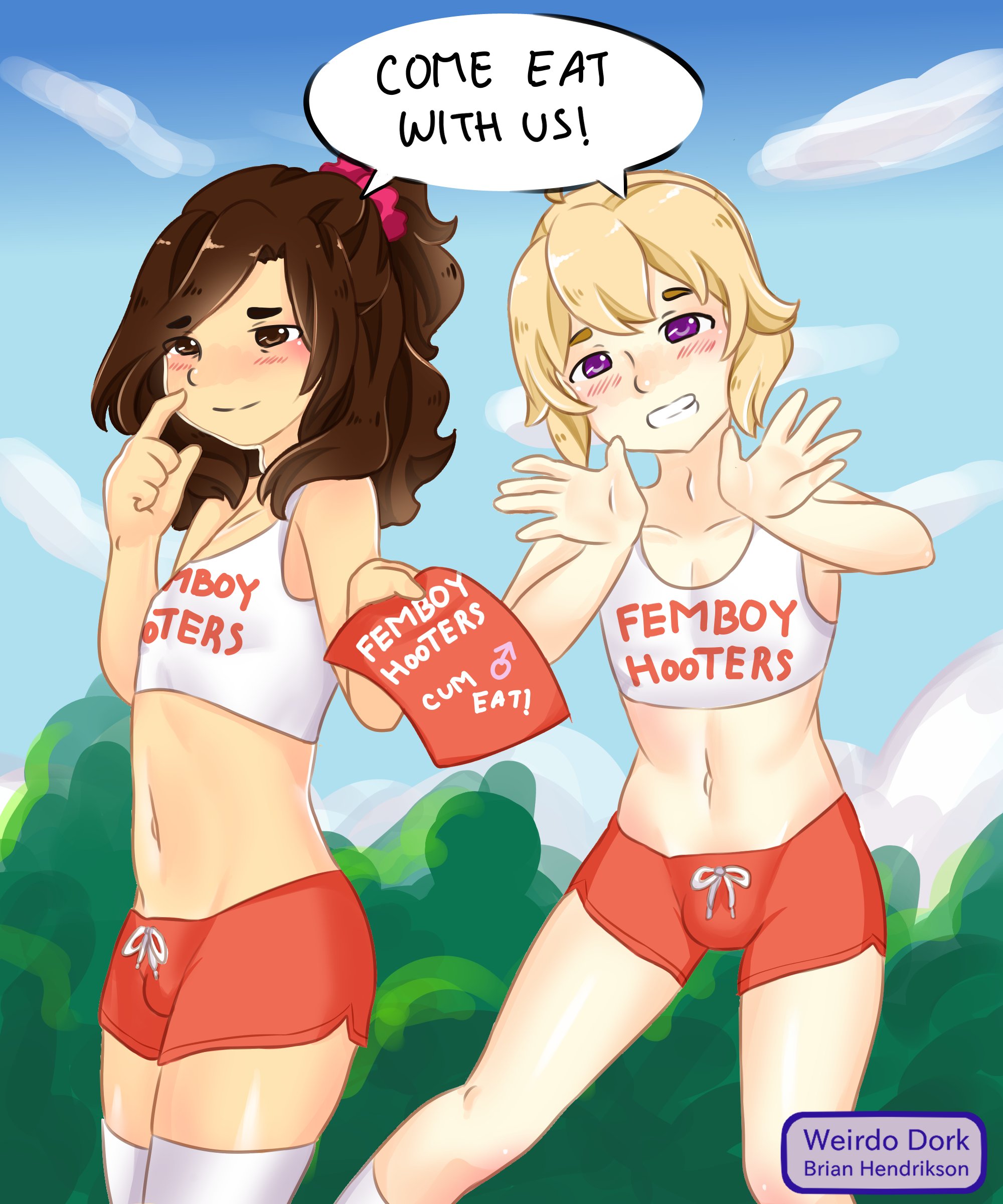 2boys, blonde hair, bulge, femboy, femboy hooters, girly, male, pierre (weirdo dork), sissy, tagme, trap, victor (weirdo dork), weirdo dork