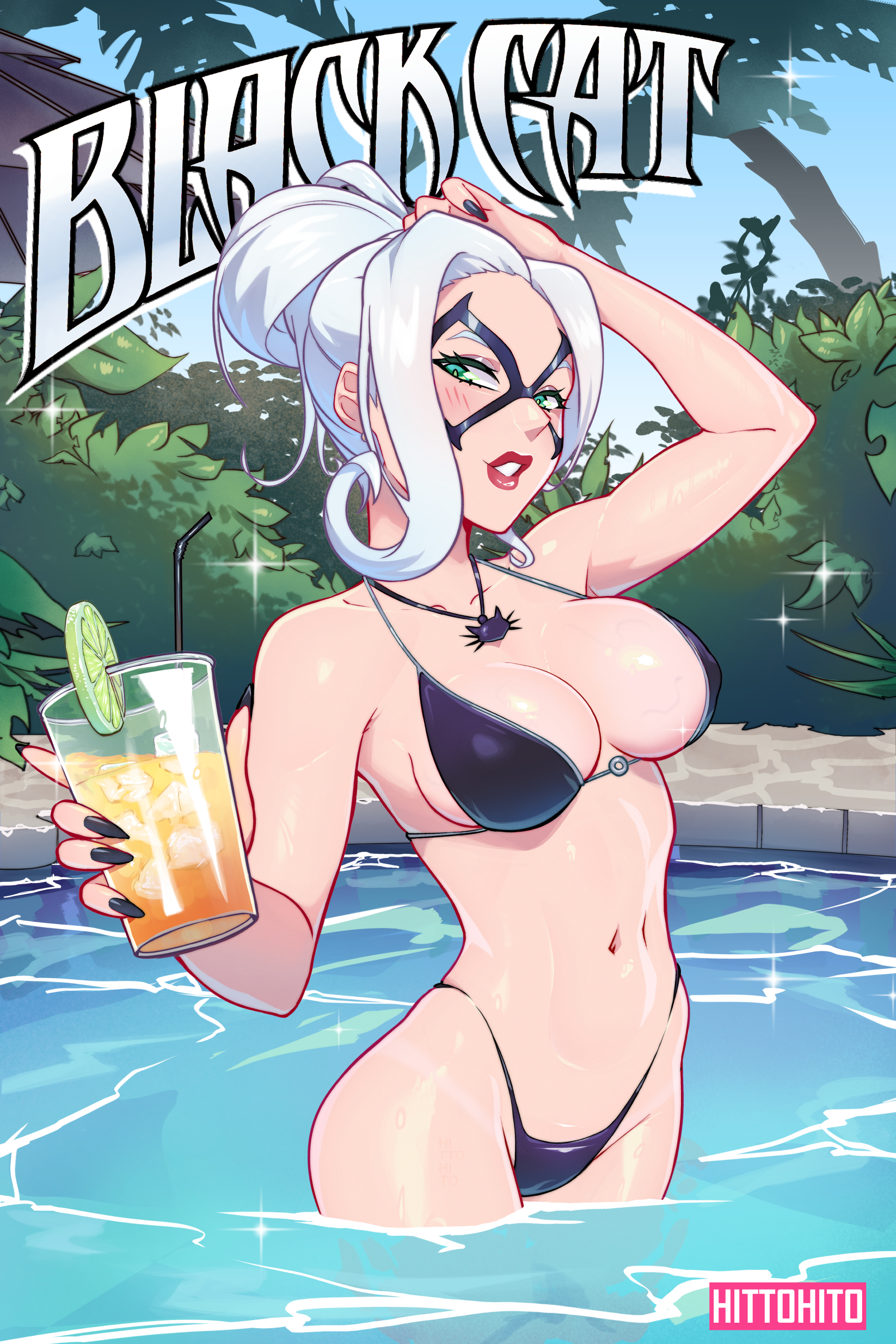 1girls, 2026, 2d, alluring, big breasts, bikini, black cat (marvel rivals), black cat (marvel), black nail polish, breasts, bursting breasts, clothed, color, colored, curvaceous, curvaceous body, curvaceous female, curvaceous figure, curvaceous hips, curvy, curvy body, curvy female, curvy figure, curvy hips, domino mask, drink, enticing, eyemask, felicia hardy, female, female only, green eyes, hips, hitto hito, hourglass figure, huge breasts, large breasts, light skin, light-skinned female, looking at viewer, marvel, marvel comics, marvel rivals, mask, masked, masked female, massive breasts, nail polish, necklace, pinup, ponytail, red lipstick, seducing, seductive, seductive look, seductive pose, shiny, shiny breasts, shiny lips, shiny skin, solo, spider-man (series), superheroine, swimsuit, swimwear, teasing, teasing viewer, temptation, tempting, tempting viewer, thick, thick breasts, thick hips, thick thighs, voluptuous, voluptuous female, waist, white background, white fur, white hair, wide hips