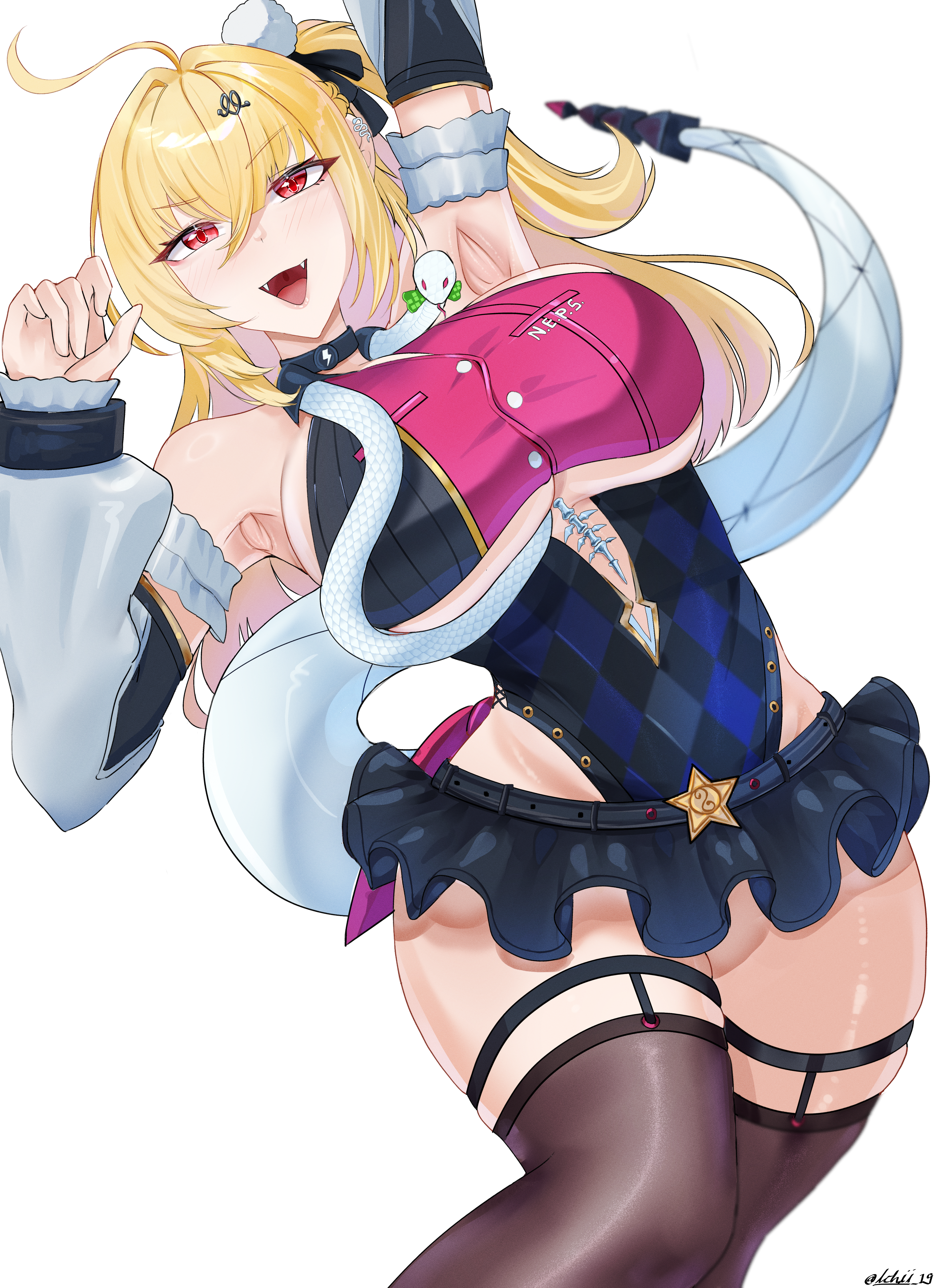 1girl, absurdres, ahoge, arm up, armpits, bare shoulders, black skirt, blonde hair, blush, breasts, brown thighhighs, chalky (zenless zone zero), cissia (zenless zone zero), commentary request, cowboy shot, detached sleeves, english commentary, fangs, hair between eyes, hair ornament, hairclip, highres, ichii 19, large breasts, long hair, looking at viewer, miniskirt, mixed-language commentary, open mouth, pom pom (clothes), pom pom hair ornament, red eyes, simple background, skirt, snake, snake girl, snake tail, tail, thighhighs, underboob, white background, white snake, zenless zone zero