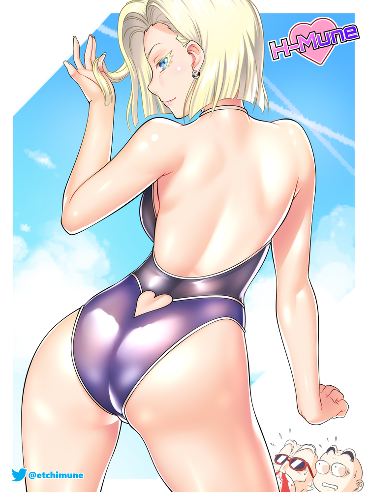 1girls, 2boys, android 18, ass, back view, big ass, blonde female, dragon ball, dragon ball z, etchimune, female, krillin, kuririn, male, master roshi, nosebleed, one-piece swimsuit, shounen jump, swimsuit