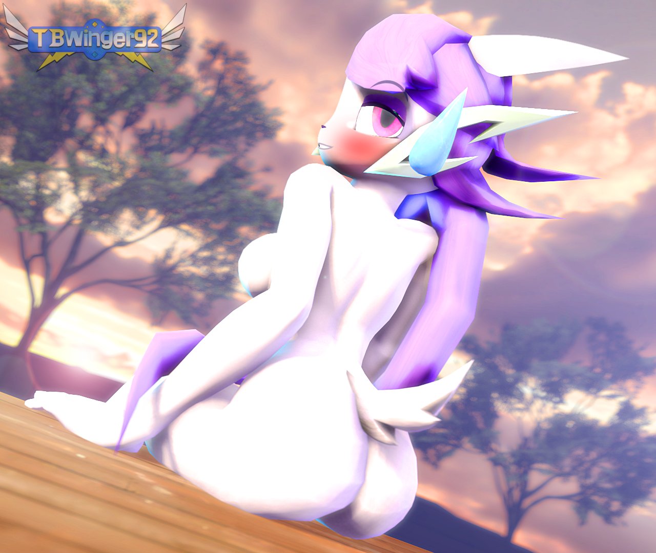 3d 3d_(artwork) anthro aquatic_dragon asian_mythology ass big_breasts blush blushing_at_viewer dragon female female_protagonist freedom_planet horn looking_at_viewer looking_back looking_back_at_viewer nude nude_female purple_hair purple_skin sash_lilac sitting smile smiling smiling_at_viewer source_filmmaker tail tbwinger92 twintails video_games