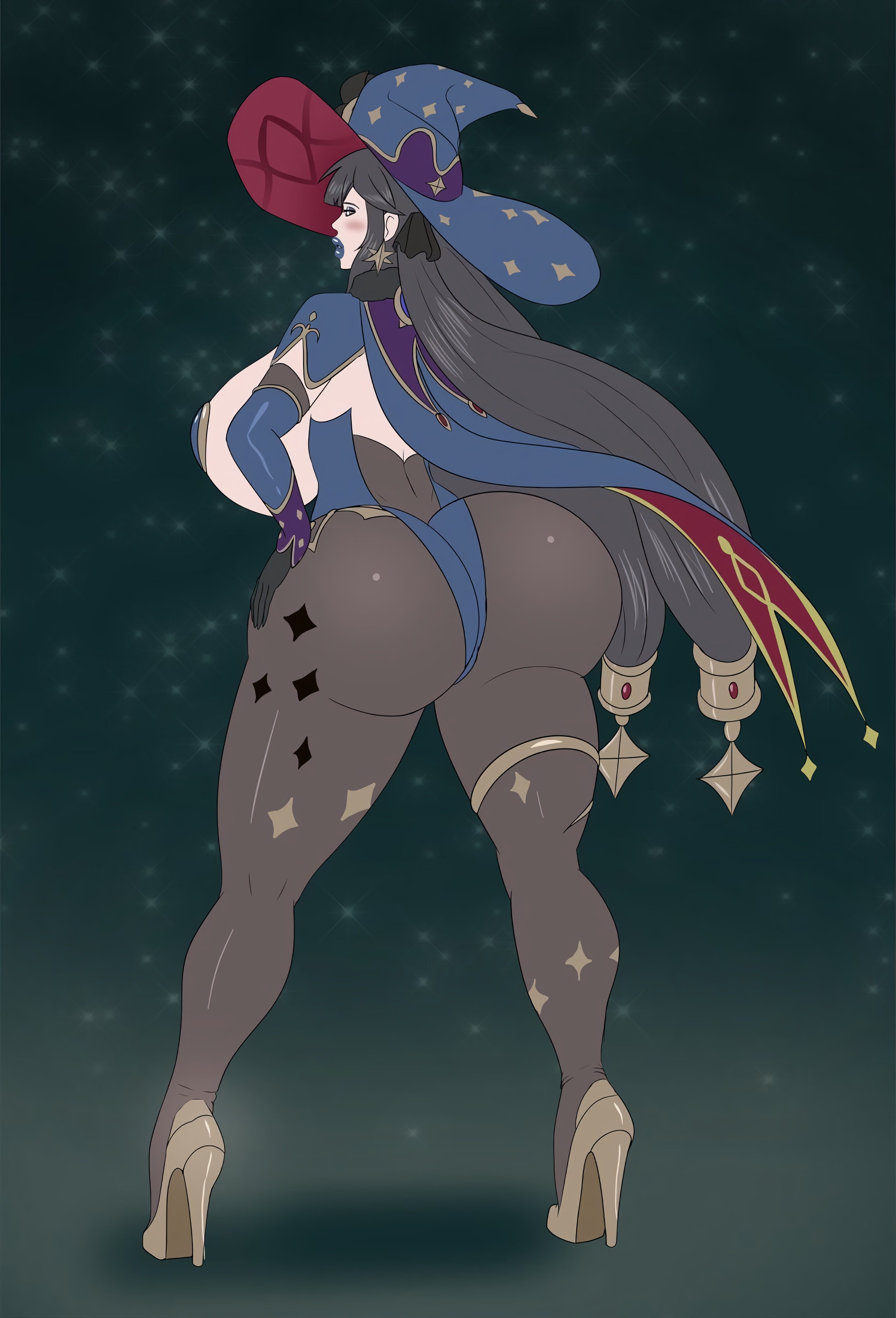 annon, ass, back view, big breasts, bimbo, bimbofied, black hair, blue lipstick, breasts, earrings, female, genshin impact, high heels, huge ass, huge breasts, looking back, mona (genshin impact), star earrings, tagme, tight clothing, tights, very long hair, witch hat