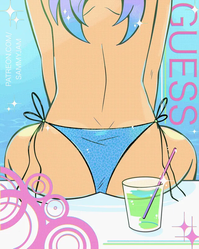 abstract_background ass ass_focus back_view bikini drink femboy feminine_male head_out_of_frame pigtails pinup purple_hair sammyjam thighs woomi_(sammyjam)