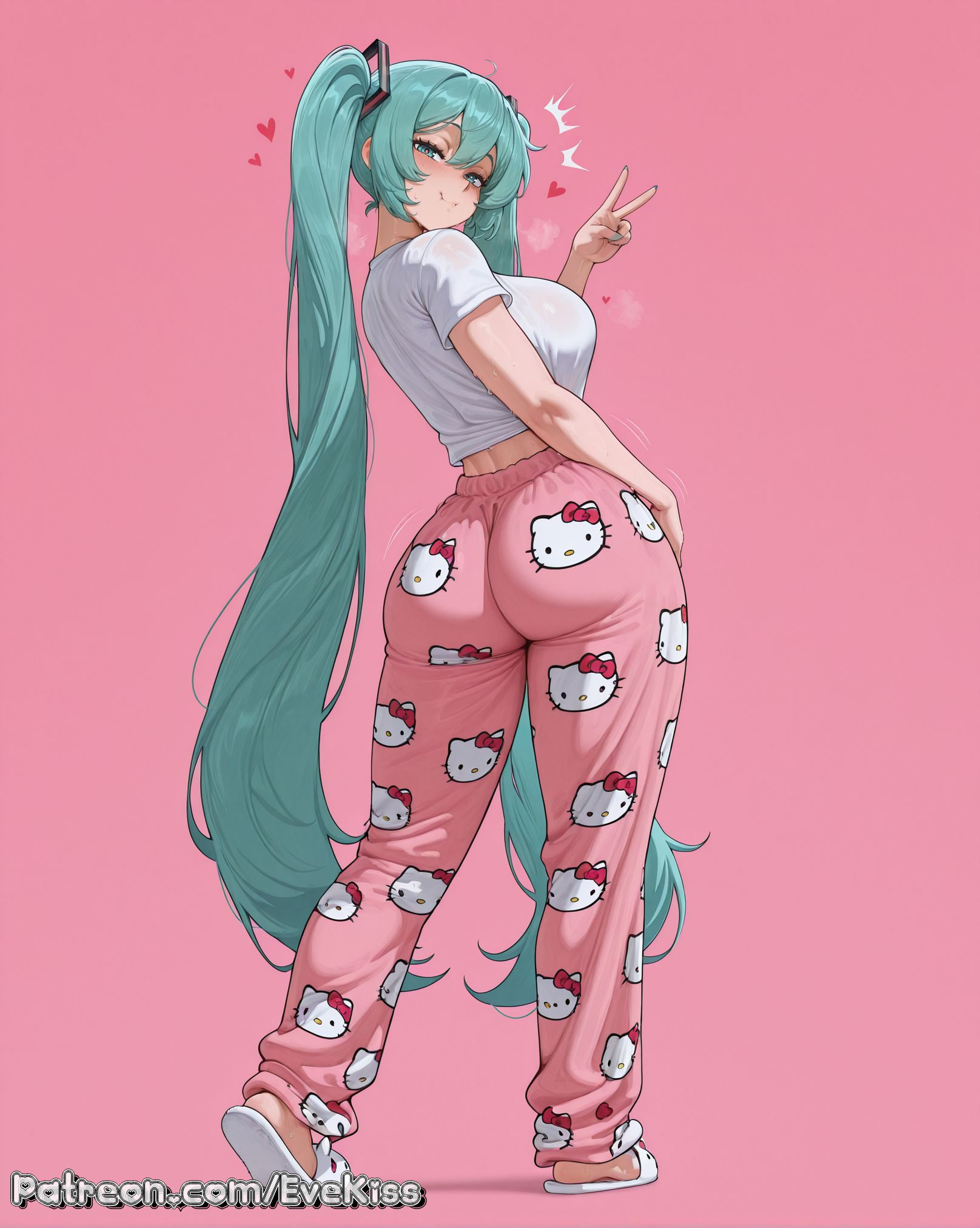 1girl, 1girls, ai generated, aqua hair, bangs, blue hair, breasts, breasts,, cleavage, clothed, clothed female, curvy, curvy figure, evekiss, female, female focus, female only, focus, fringe, fully clothed, hatsune miku, hello kitty, hello kitty (series), large breasts, long hair, nipples, nipples covered, nipples visible through clothing, pajamas, pants, pussy, sfw, solo, solo female, solo focus, teeth, thick thighs, thighs, tight clothes, tight clothing, tight fit, tights, twintails, twintails (hairstyle), uncensored, very long hair, wide hips
