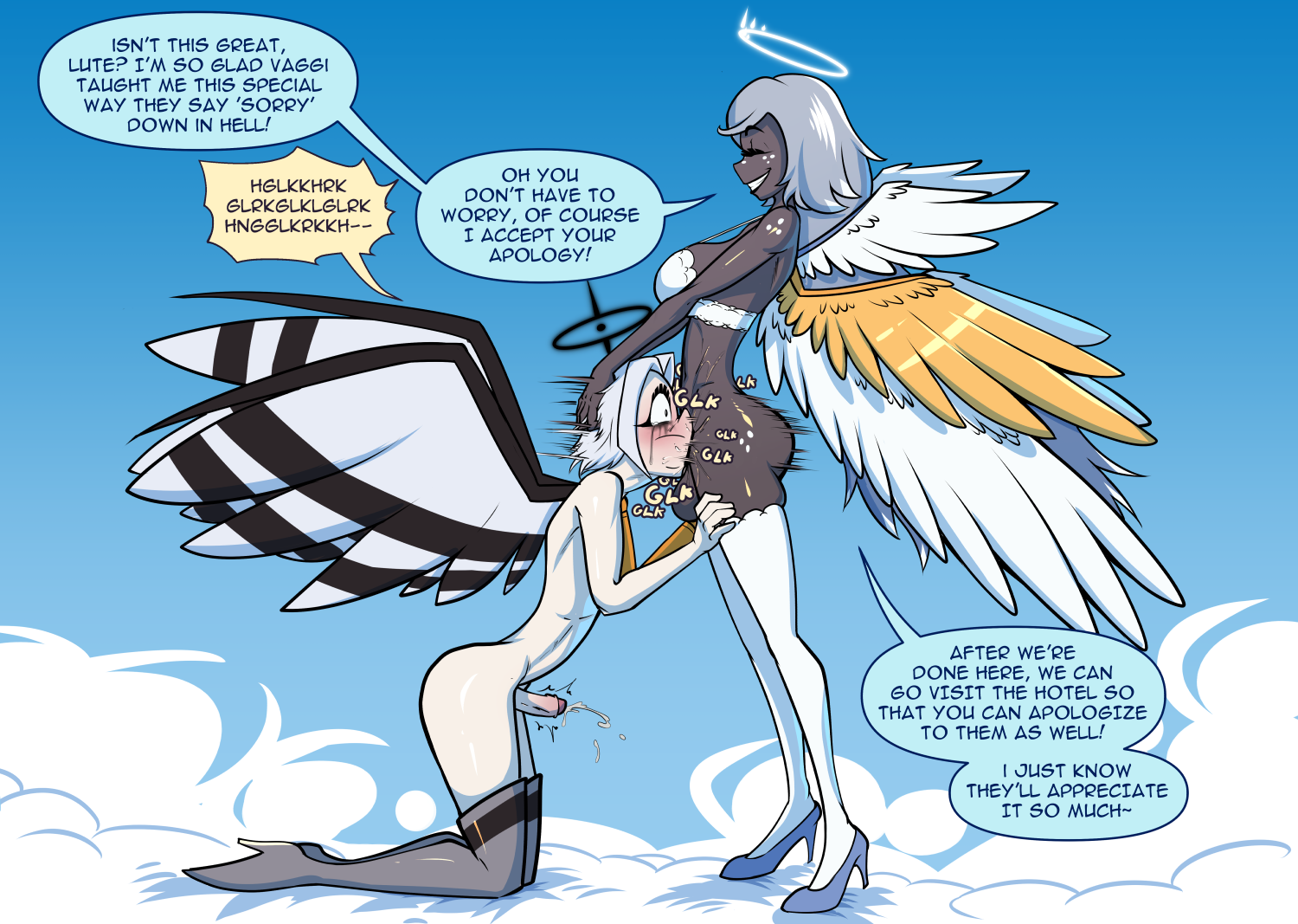 angel, angel wings, bakuhaku, blush, bra, bra only, brown skin, clouds, cumming, cumming from giving oral, cumming while penetrated, deepthroat, dialogue, emily (hazbin hotel), erection, facefuck, feathered wings, feathers, futa on futa, futa only, futanari, grabbing head, grey hair, halo, hands on thighs, hazbin hotel, hazbin hotel (season 2), high heels, kneeling, kneeling oral position, large breasts, lute (hazbin hotel), pale skin, running mascara, short hair, skinny, small penis, stockings, throat fuck, throat swabbing, tiny penis, white hair