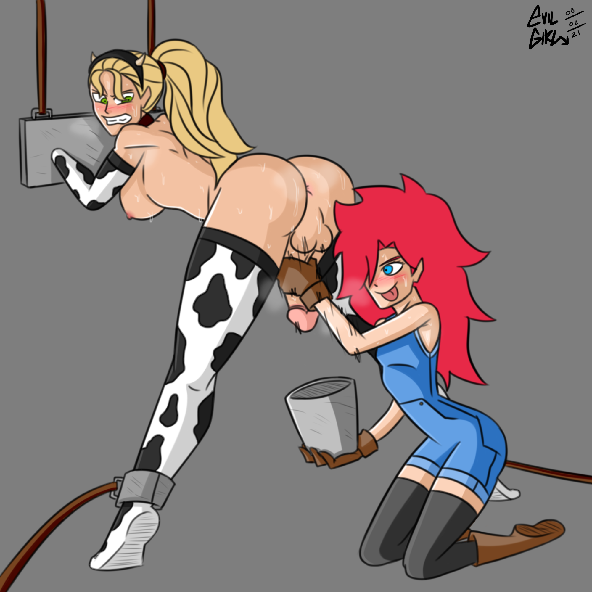 1futa, 1girls, angry, angry face, anus, armpit, ass, balls, big ass, big balls, big breasts, big butt, blonde hair, blue eyes, blush, boots, breasts, bucket, collar, cow girl, cow horns, cowgirl, cum dispenser, elbow gloves, evilgirl, farmer, female, futanari, futasub, gloves, green eyes, handjob, intersex, jumpsuit, kneeling, long hair, looking back, looking down, masturbation, milking, milking handjob, molestation, nipples, original, original character, penis, penis milking, ponytail, red hair, smell, smile, smiling, standing, stuck, sweat, sweating, sweaty, thighhighs, tongue, tongue out, yellow hair
