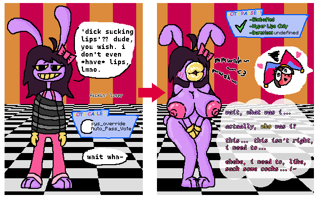 anthro bimbo bimbo_lips bimbofication blushing comic hyper jax_(the_amazing_digital_circus) lagomorph large_breasts pinkyjane pomni_(the_amazing_digital_circus) the_amazing_digital_circus thick_thighs trans_woman transformation transformation_sequence