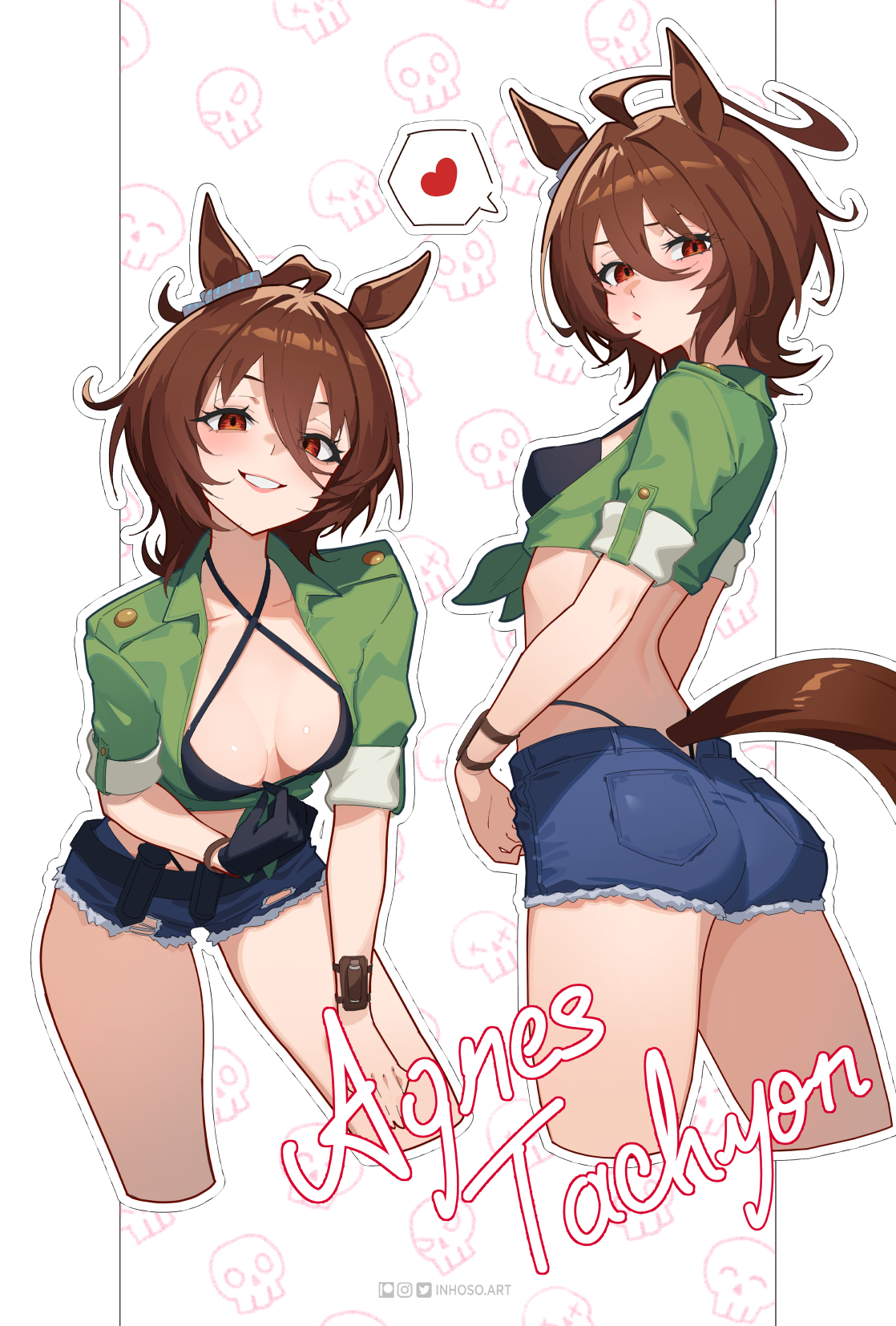 1girls, agnes tachyon (lunatic lab) (umamusume), agnes tachyon (umamusume), ahoge, ass, bikini top, black bikini, black gloves, blue shorts, brown hair, denim shorts, female, green shirt, horse ears, horse girl, inhoso, long hair, looking at viewer, medium breasts, multiple views, red eyes, seductive smile, short hair, short shorts, shorts, smile, thighs, tied shirt, umamusume, umamusume pretty derby