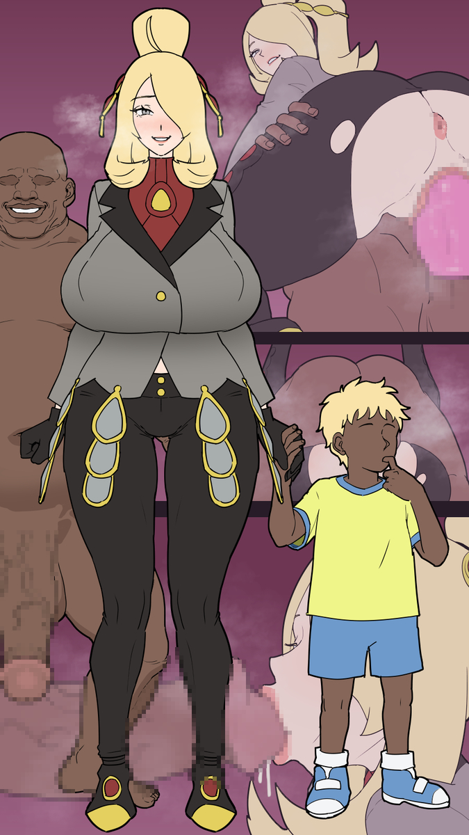 1boy, 1girls, 2d, alternate costume, blonde hair, cynthia (pokemon), dark-skinned male, large breasts, large penis, n92go, official alternate costume, pokemon, pokemon dppt, pokemon masters, sygna suit cynthia