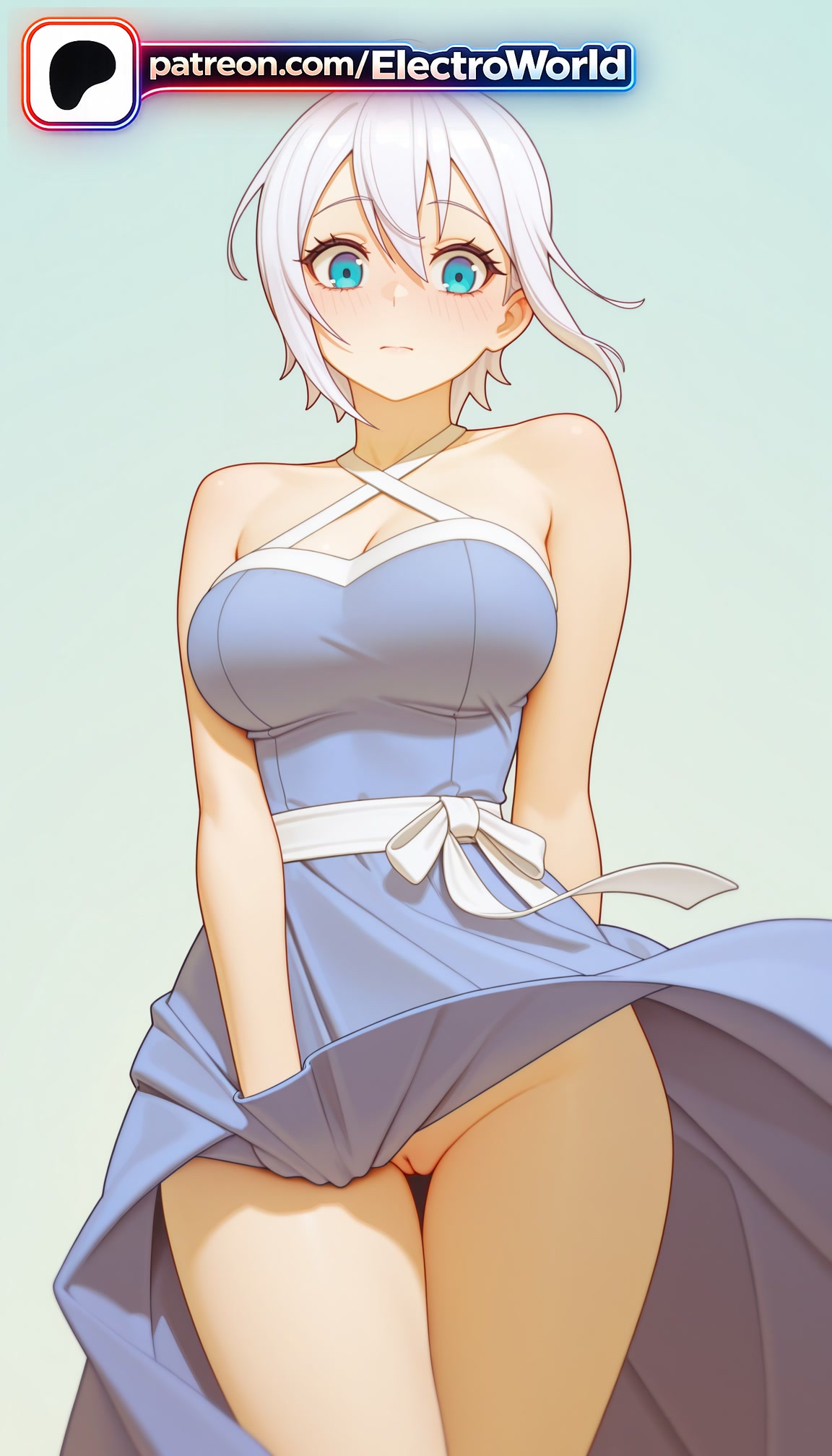 1girl 1girls 2026 ai_generated artist_name bare_shoulders blush boobs breasts bust chest clitoral_hood dress electroworld exposed_pussy fairy_tail gradient gradient_background hi_res high_quality high_resolution highres juicy_pussy lisanna_strauss no_panties patreon patreon_username pussy short_hair solo stable_diffusion tight_pussy tits vagina watermark white_hair wind_lift