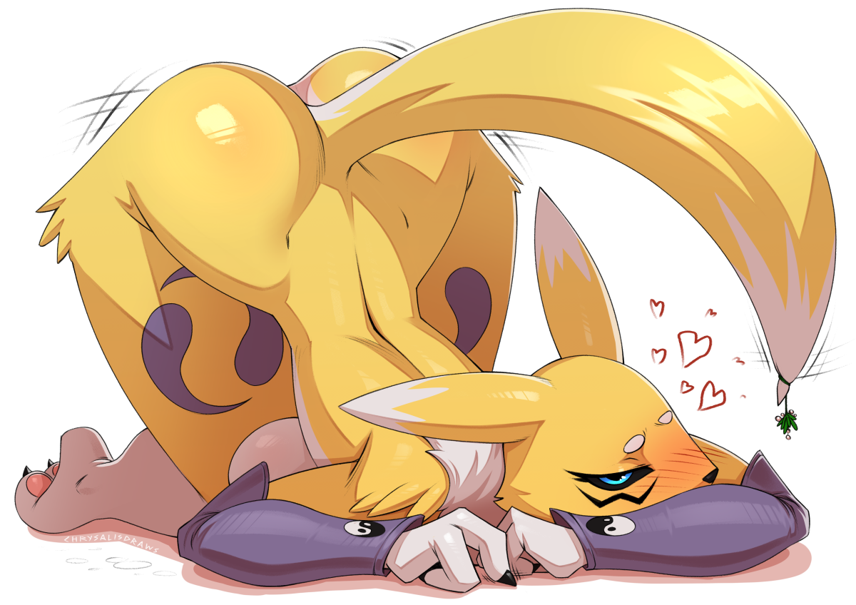 1girls, anthro, ass, blush, chrysalisdraws, digimon, digimon (species), female, female only, furry, hi res, looking at viewer, renamon, solo