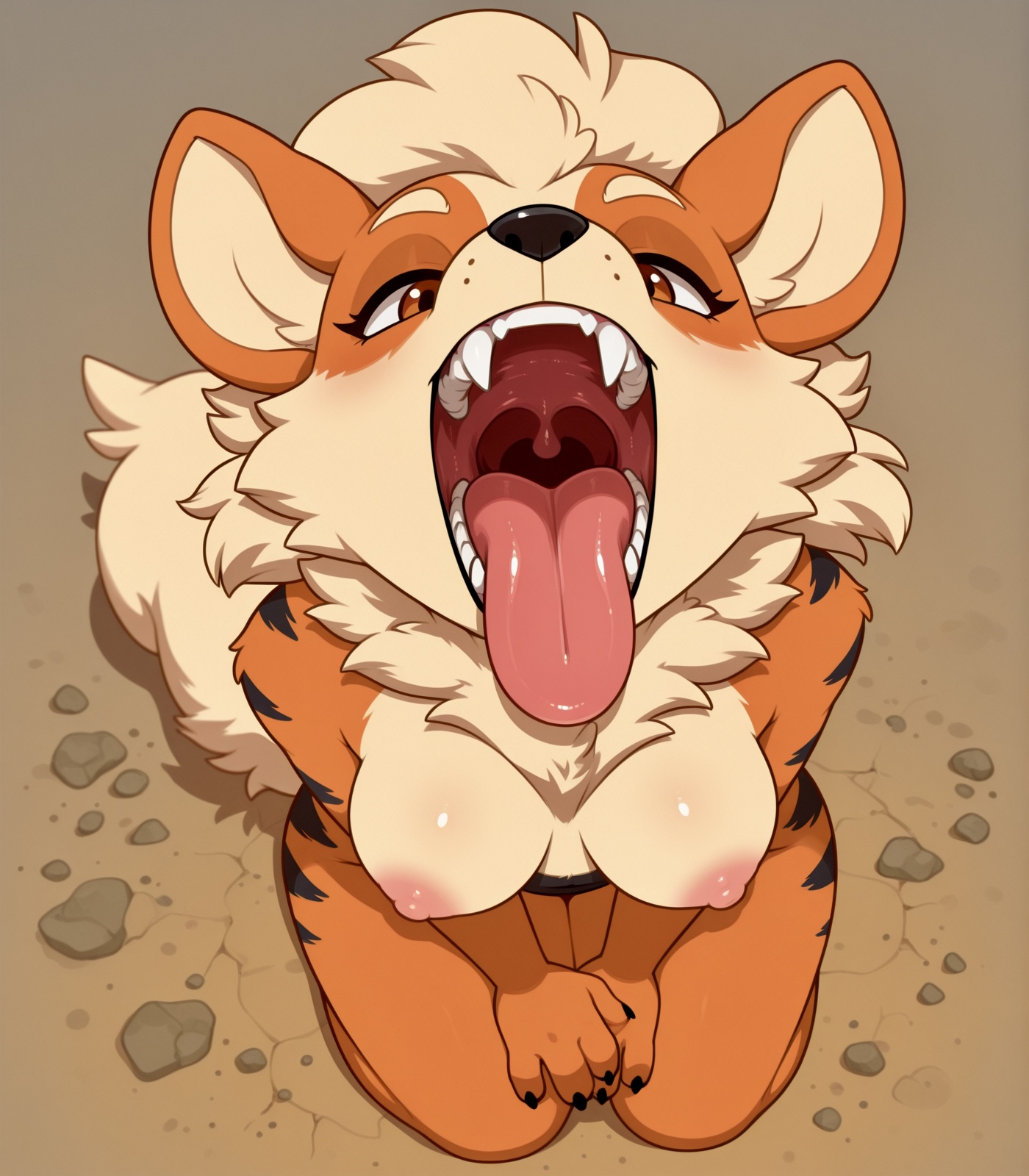 1girls, ai generated, anthro, anthrofied, arcanine, areolae, body markings, breasts, breedorbred, canid, canine, canine teeth, clawed fingers, comfyui, dirt, ears, fangs, female, fluffy, fluffy tail, furry, hands in lap, jerkoff visual assistance, maw, mawshot, medium breasts, mouth focus, mouth open, nipples, nude, orange body, pokemon, pokemon (species), presenting mouth, seiza, simple background, sitting, snout, tail, tan body, teeth, tongue, two-tone body, uvula