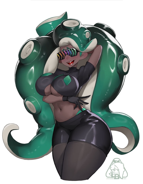 1girls, alternate costume, big breasts, blush, blushing, brainwashed, breasts, colored, corruption, enemy conversion, female, female only, gloves, huge breasts, hypno shades (splatoon), large breasts, little blood, long hair, marina (splatoon), midriff, mind control, navel, nintendo, octarian tattoo, pencil skirt, shades, smile, smiling, splatoon, splatoon (series), splatoon 2, tagme, tattoo, tentacle, tentacle hair, thick thighs, thighs, underboob, underboob cutout