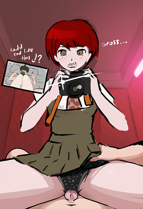 1boy 1boy1girl 1girls brown_eyes camera danganronpa danganronpa_2:_goodbye_despair female grinding hinata_hajime koizumi_mahiru mosbles panties penis red_hair straight_hair sumata sumata_cafe thick_thighs thigh_sex