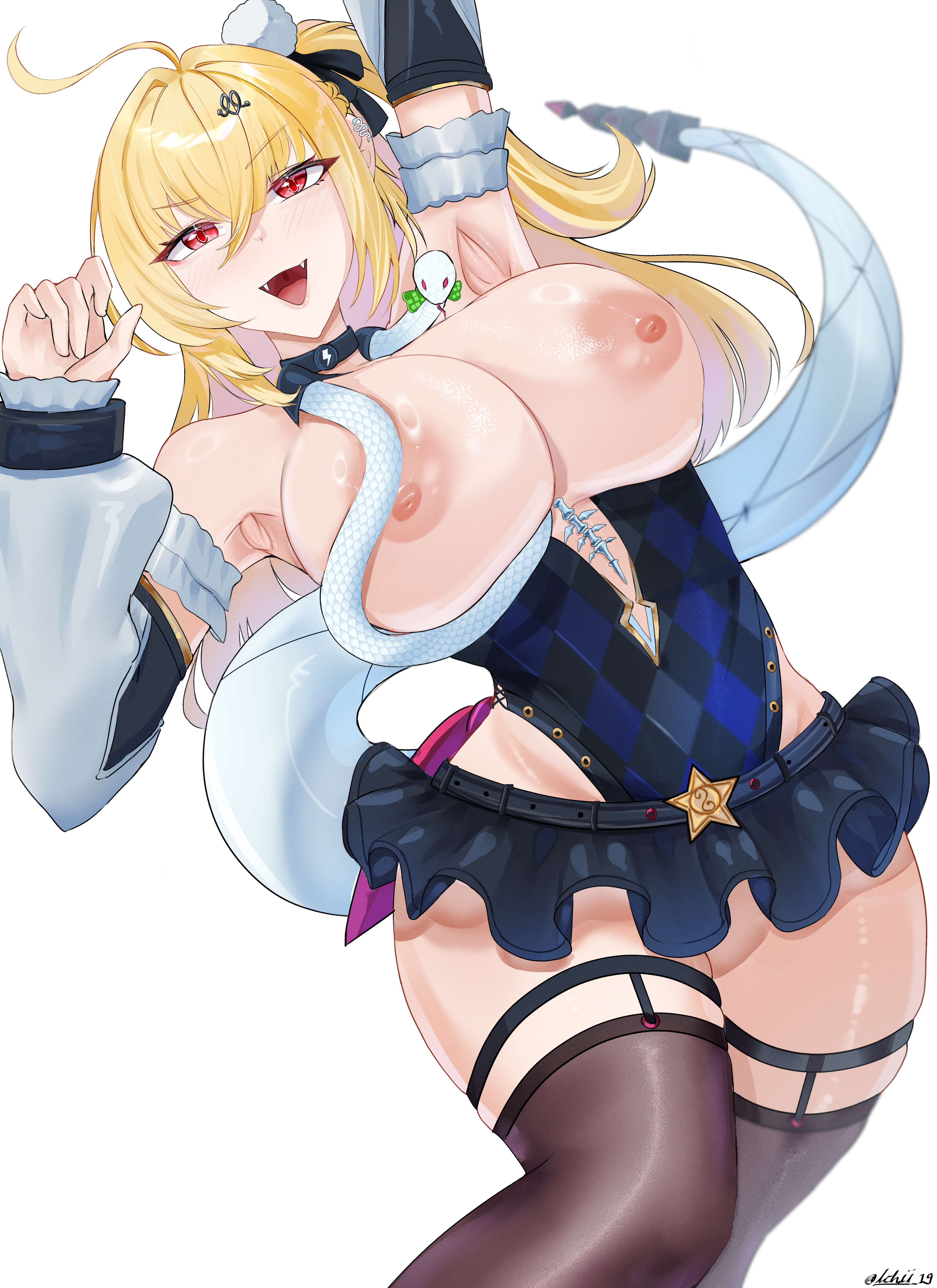 1girl, absurdres, ahoge, arm up, armpits, bare shoulders, black skirt, blonde hair, blush, breasts, brown thighhighs, chalky (zenless zone zero), cissia (zenless zone zero), commentary request, cowboy shot, detached sleeves, english commentary, fangs, hair between eyes, hair ornament, hairclip, highres, ichii 19, large breasts, long hair, looking at viewer, miniskirt, mixed-language commentary, nipples, open mouth, pom pom (clothes), pom pom hair ornament, red eyes, simple background, skirt, snake, snake girl, snake tail, tail, thighhighs, underboob, white background, white snake, zenless zone zero
