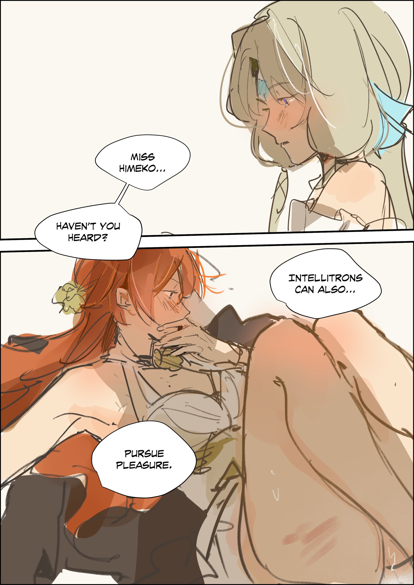 blush, blushing, dominant female, dress, dress lift, female, female focus, female only, himeko (honkai: star rail), honkai (series), honkai: star rail, hoyoverse, imminent sex, implied sex, legs up, pearl (honkai: star rail), red hair, redhead, redhead female, redheaded female, robot, robot girl, robot humanoid, submissive female, suggestive, thick thighs, thighs, yuri