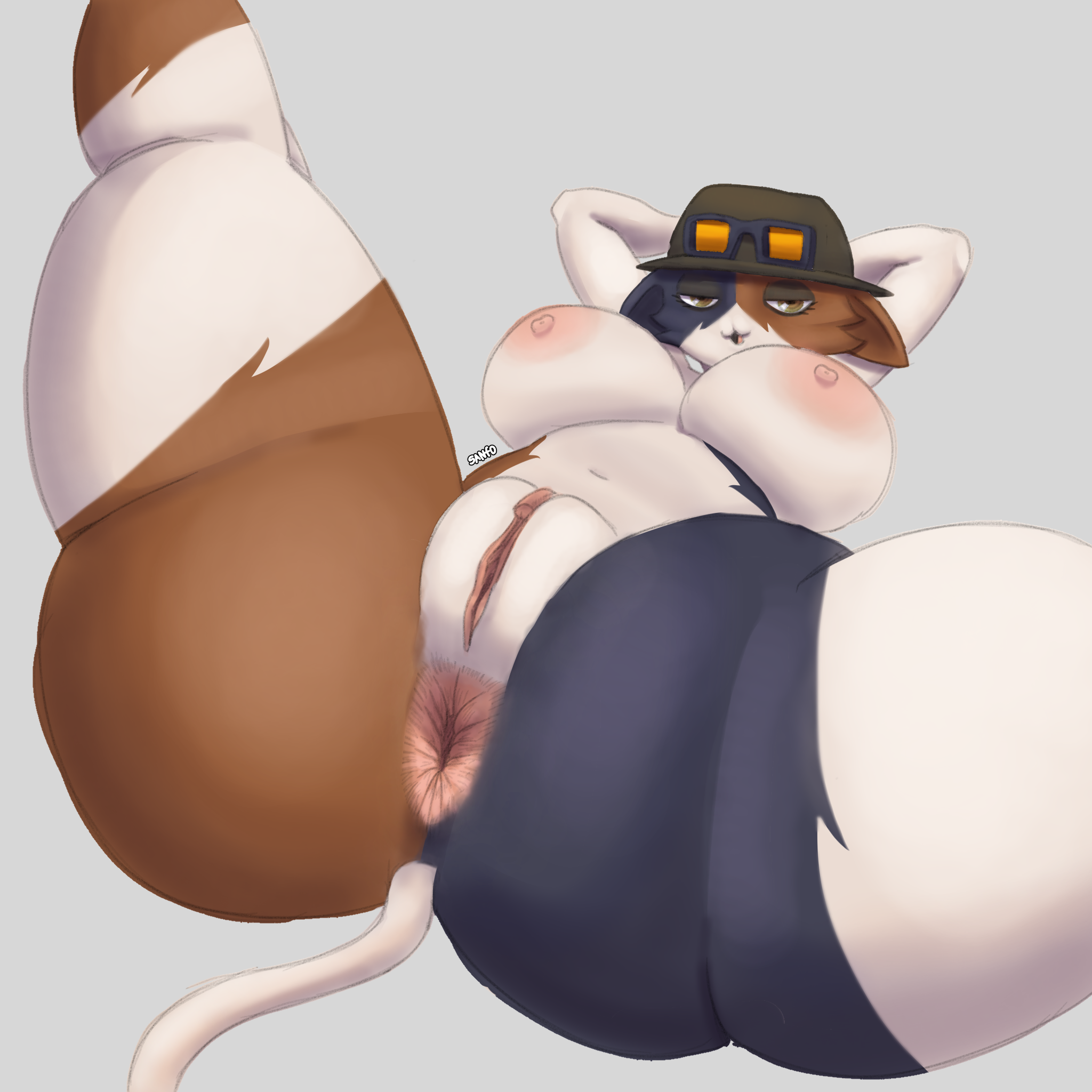 2d, 2d (artwork), 2d artwork, anthro, anthro only, anus, areolae, arms behind head, arms up, ass, ass focus, ass up, asshole, big ass, big boobs, big breasts, big butt, boobs, boobs and butt pose, boobs bigger than head, boobs out, breasts, breasts apart, breasts bigger than head, breasts out, bucket hat, butt, butt focus, cat ears, catgirl, fortnite, fortnite: battle royale, fur, giant ass, giant butt, glasses, glasses on head, hat, huge ass, huge breasts, meow skulls (fortnite), metalhead meow skulls, nipples, pussy, pussy lips, smug, sunglasses, tail, thesanfo, vagina