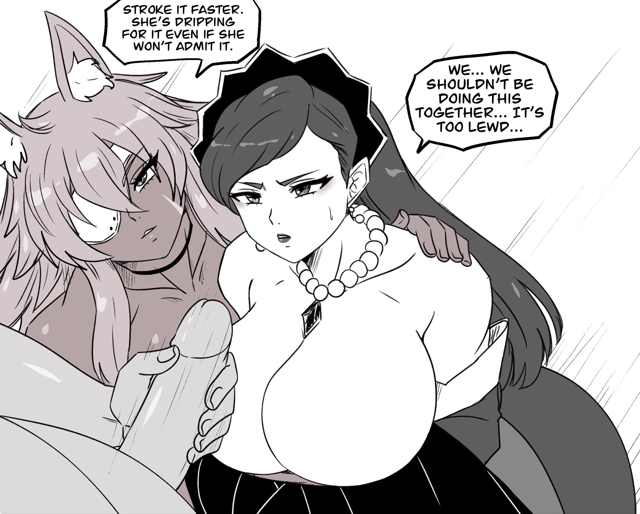 1boy, 2d, 2girls, about to cum, big breasts, big penis, completely nude, darwaarts, dirty talk, dress, english dialogue, english text, ghislaine dedoldia, hi res, hilda boreas greyrat, imminent cumshot, jobless reincarnation, looking at viewer, male masturbation, male pov, massive breasts, monochrome, motion lines, mushoku tensei, necklace, partial male, pov, pretending not to like it, speech bubble, stroking penis, talking to partner, talking to viewer, text, unseen male face, waiting for cum, wanting cum