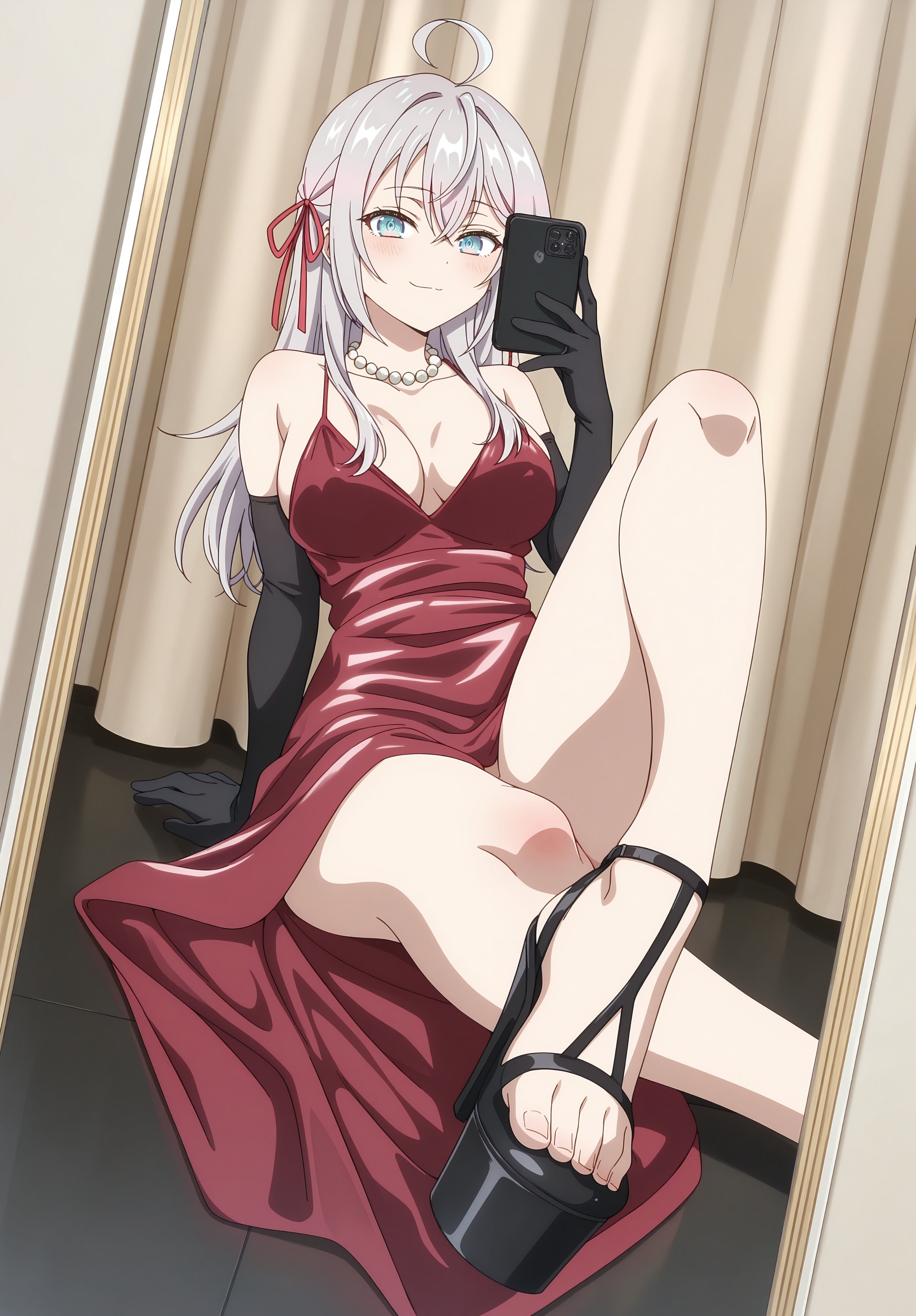 1girl, ahoge, ai generated, alisa mikhailovna kujou, bangs, bare shoulders, black footwear, black gloves, blue eyes, blush, breasts, cellphone, cleavage, curtains, dress, elbow gloves, eyebrows visible through hair, feet, gloves, hair between eyes, hair ribbon, high heels, holding, holding phone, indoors, jewelry, large breasts, long hair, looking at viewer, mirror, necklace, phibsai, phone, red dress, red ribbon, reflection, ribbon, roshidere, sandals, self shot, sitting, sleeveless, smartphone, smile, solo, strapless, strapless dress, toes