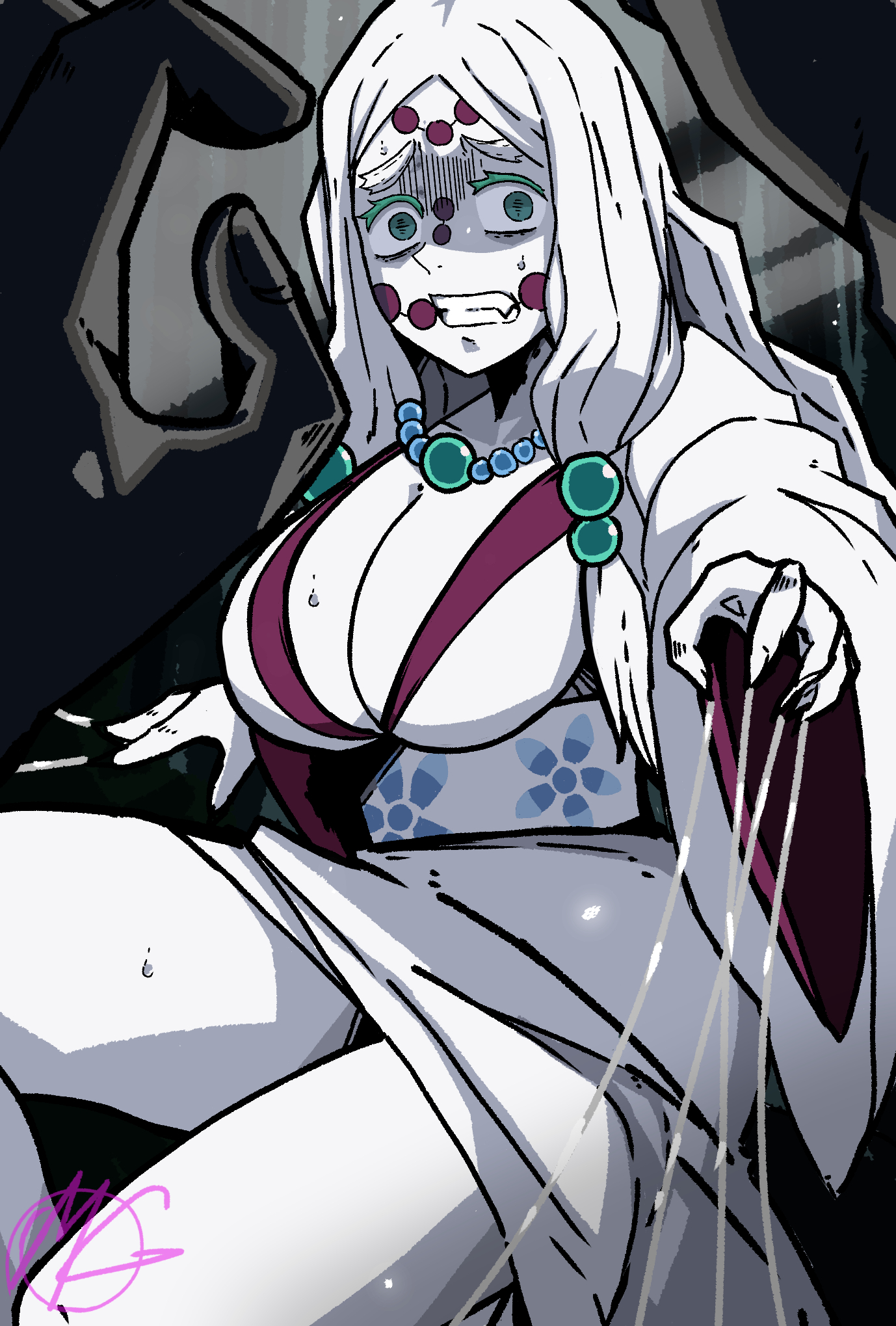 1girls, big breasts, breasts, cleavage, clothed, clothing, demon slayer, facial markings, father spider demon, female, green eyes, imminent rape, imminent sex, kimetsu no yaiba, kimono, mark gavatino, mother spider demon, on model, rape, scared, white hair, white skin, white-haired female