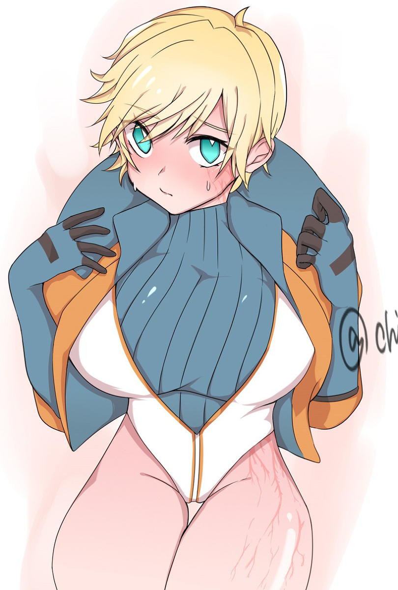 1female 1females 1girl 1girls 1woman 1women apex_legends blonde blonde_female blonde_hair blue_eyes censor_lines censored_genitalia censored_pussy chikiboneya female female_only large_breasts scar scars scars_all_over scars_on_body scars_on_breast scars_on_leg solo solo_focus sweating tagme wattson wattson_(apex_legends)