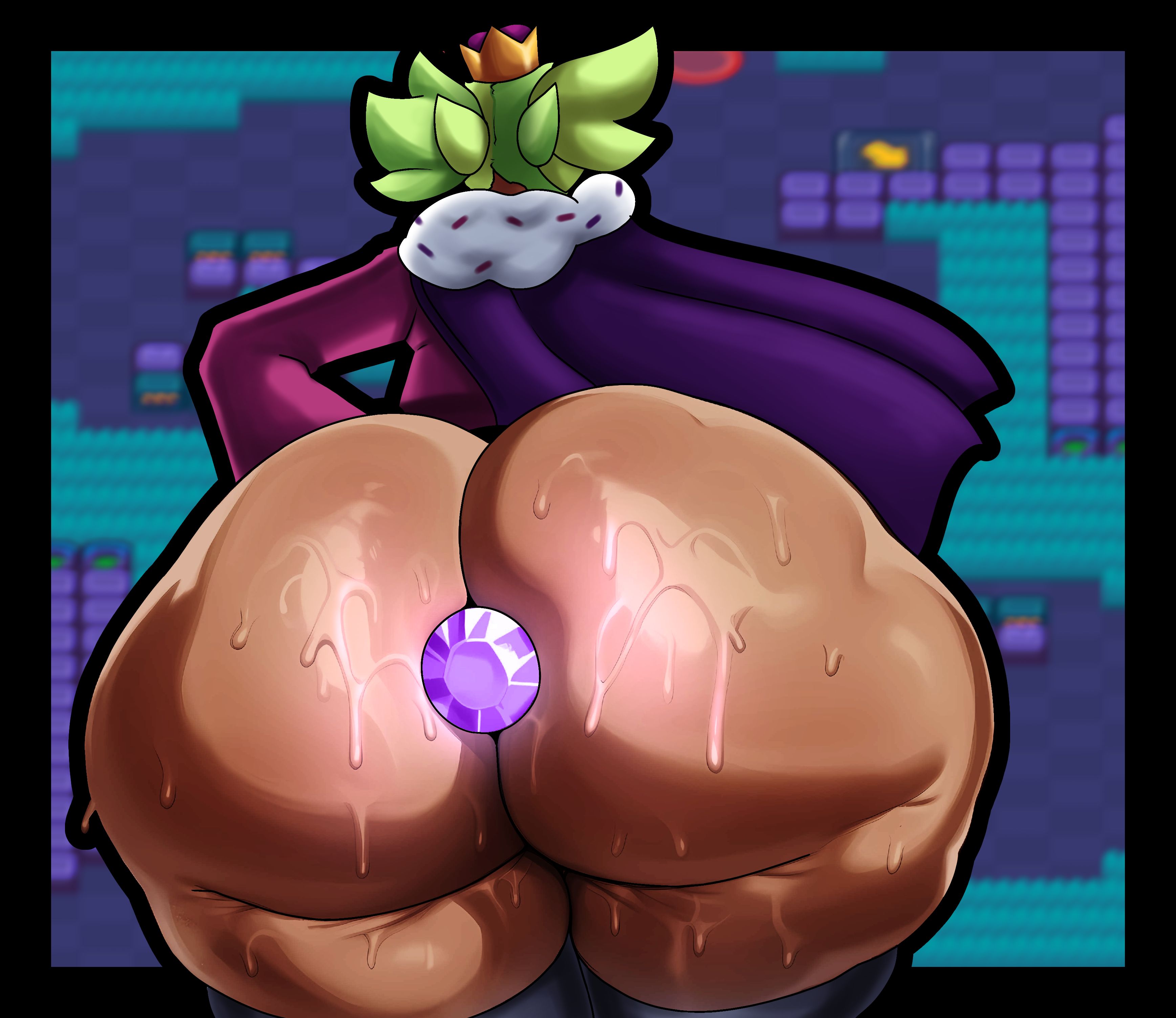 1girls, anal, anal insertion, anal object insertion, ass, ass bigger than head, ass focus, brawl stars, butt, butt focus, butt plug, buttplug, fat ass, female only, huge ass, huge butt, hyper ass, jewel buttplug, mandy (brawl stars), pink buttplug, solo, solo female, triangular ass, wide ass, wide hips