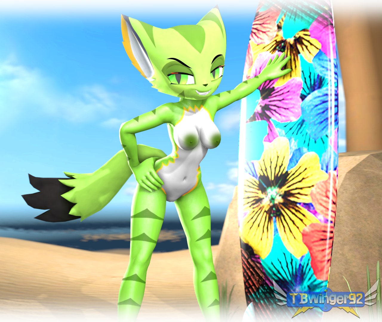 3d 3d_(artwork) anthro beach big_breasts breasts carol_tea clitoris feline female female_protagonist freedom_planet green_body green_eyes green_fur green_hair green_nipples green_skin half-closed_eyes looking_at_viewer nipples nude nude_female sand smile smiling smiling_at_viewer source_filmmaker striped_fur stripes surfboard tail tbwinger92 vagina video_games water wildcat