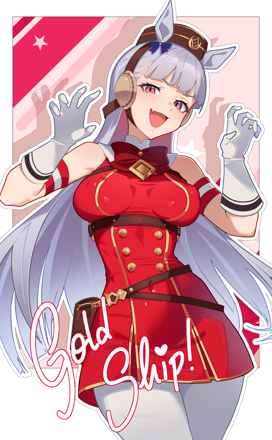 1girls, gold ship (umamusume), hands up, horse ears, horse girl, inhoso, large breasts, long hair, looking at viewer, open mouth, pantyhose, pillbox hat, purple eyes, purple hair, red dress, smile, solo, umamusume, umamusume pretty derby, white gloves, white pantyhose