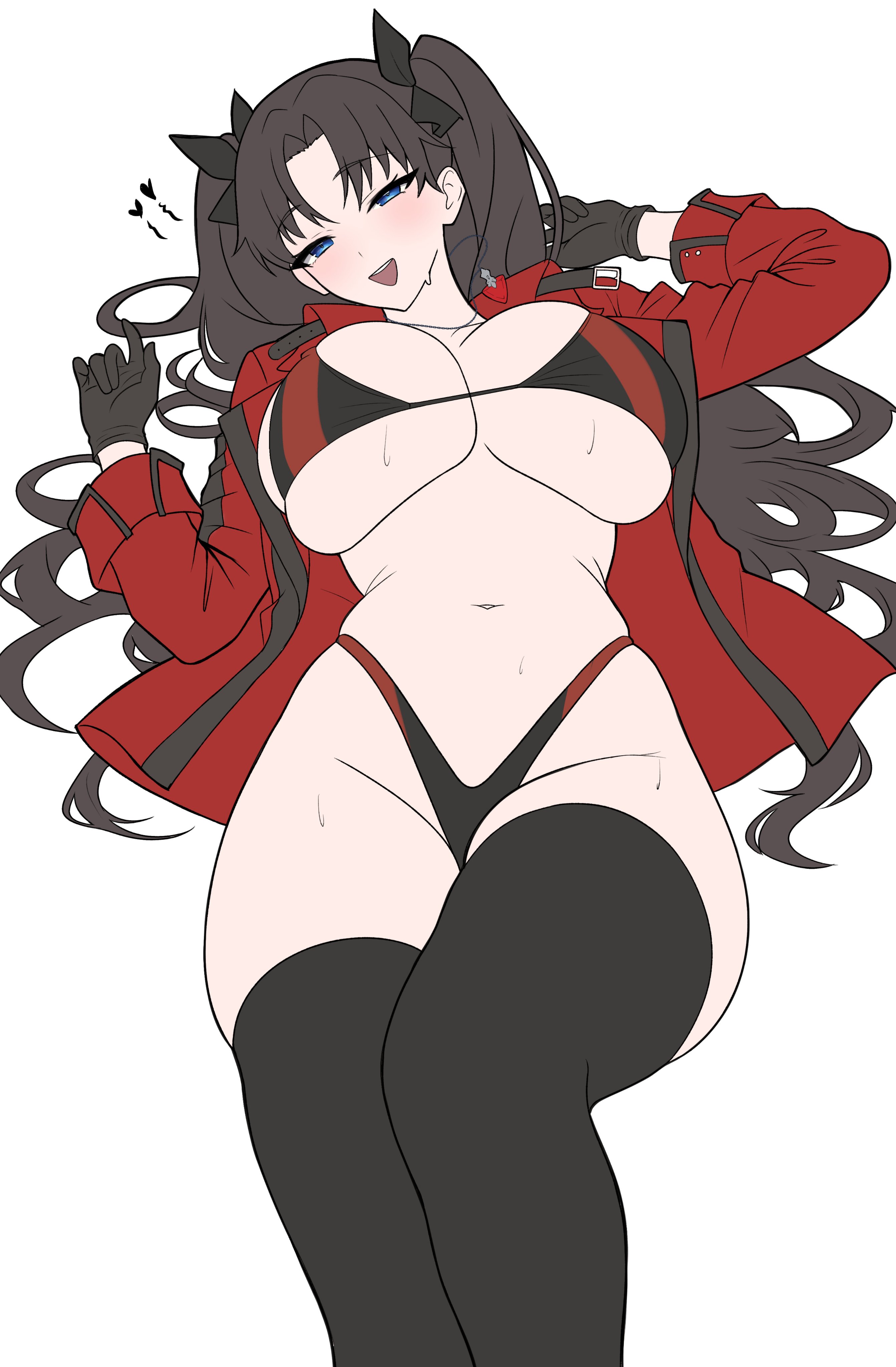 1girl, 1girls, absurdres, alternate breast size (larger), arms behind head, arms up, ass, big ass, big breasts, black gloves, black hair, black thighhighs, blush, blushing, breasts, fate (series), fate/stay night, female, female focus, female only, gloves, hair ribbon, half-closed eyes, highres, hips, hips wider than shoulders, honkai (series), honkai: star rail, huge ass, huge breasts, jacket, large breasts, light-skinned female, long hair, long legs, lying, lying on back, naughty face, navel, panties, red jacket, ribbon, rin's pendant (fate), shokobr, solo, sweat, swimsuit, teasing, thick thighs, thighhighs, thighs, tohsaka rin, tohsaka rin (honkai: star rail), uncensored, underwear, unfinished