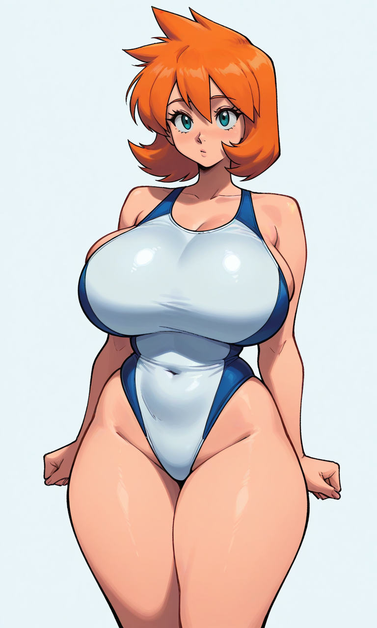 1girl ai_generated aqua_eyes armpit_crease armpits arms_at_sides bare_shoulders blue_eyes blue_one-piece_swimsuit blue_swimsuit blush breasts busty cleavage clenched_hands clothing competition_swimsuit covered_navel curvaceous female female_only groin hair_between_eyes highleg highleg_swimsuit huge_breasts impossible_clothes impossible_swimsuit kasumi_(pokemon) large_breasts looking_at_viewer medium_hair misty_(pokemon) misty_(pokemon_hgss) multicolored multicolored_clothes multicolored_swimsuit navel one-piece_swimsuit orange_hair pokemon pokemon_gsc pokemon_hgss shiny_skin short_hair sideboob skindentation solo sportswear standing swimsuit tank_suit taut_clothes thick_thighs thighs two-tone_swimsuit white_one-piece_swimsuit white_swimsuit wide_hips