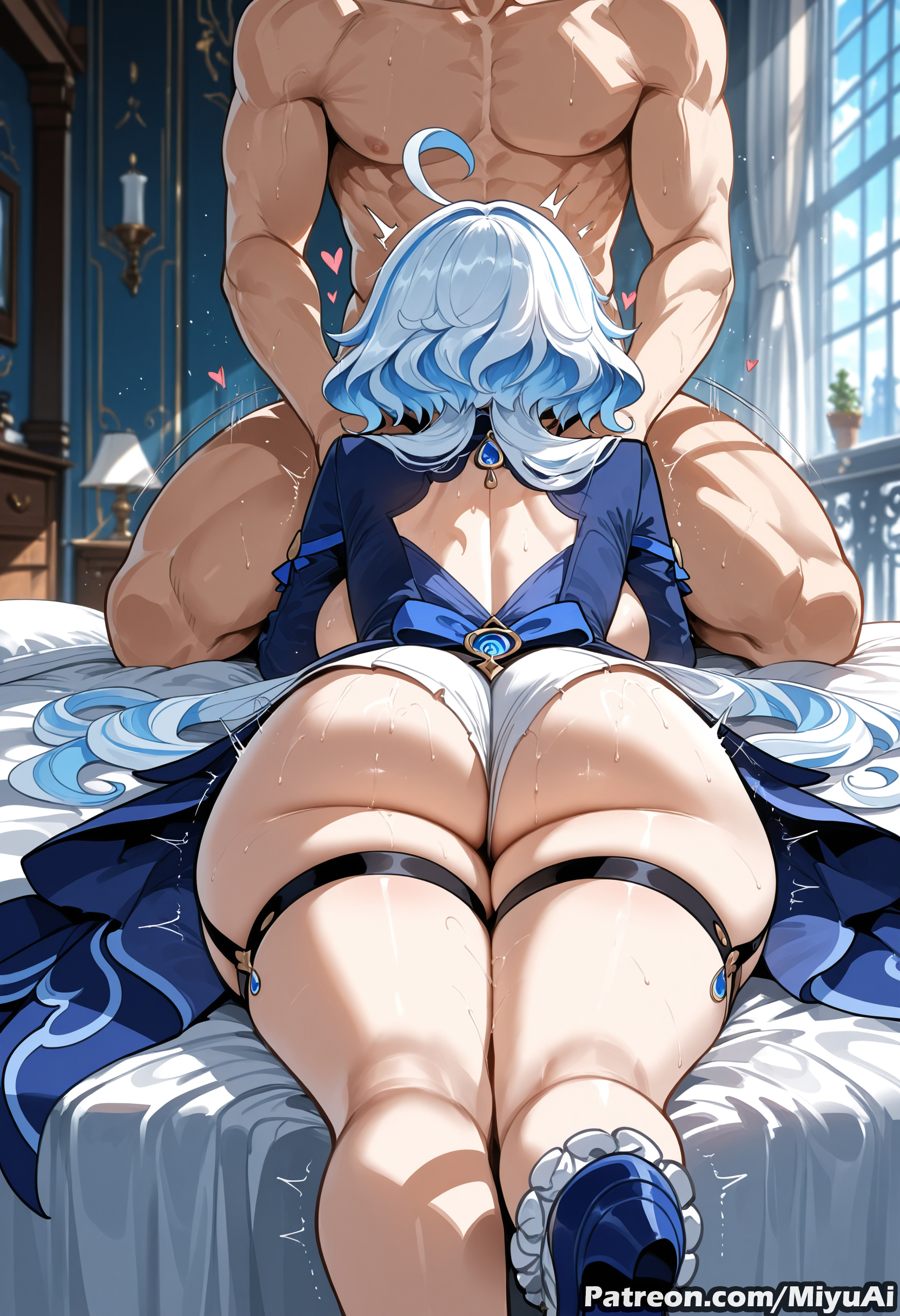 1boy, 1girl, 1girls, abs, ahoge, ai assisted, ai generated, ass, ass focus, back, bed, big ass, big breasts, blue hair, breasts, curvaceous, curvy, curvy female, curvy figure, doggystyle, duo, female, furina (genshin impact), genshin impact, heart, hetero, huge ass, indoors, large breasts, light-skinned female, light-skinned male, long hair, lying, male, manly, messy hair, miyuai, muscle, muscular female, nude, on bed, one-piece swimsuit, sex, sex from behind, sweat, swimsuit, thick, thick ass, thick butt, thick hips, thick legs, thick thighs, thigh strap, thighs, very long hair, voluptuous, voluptuous female, wide hips, wide thighs, window