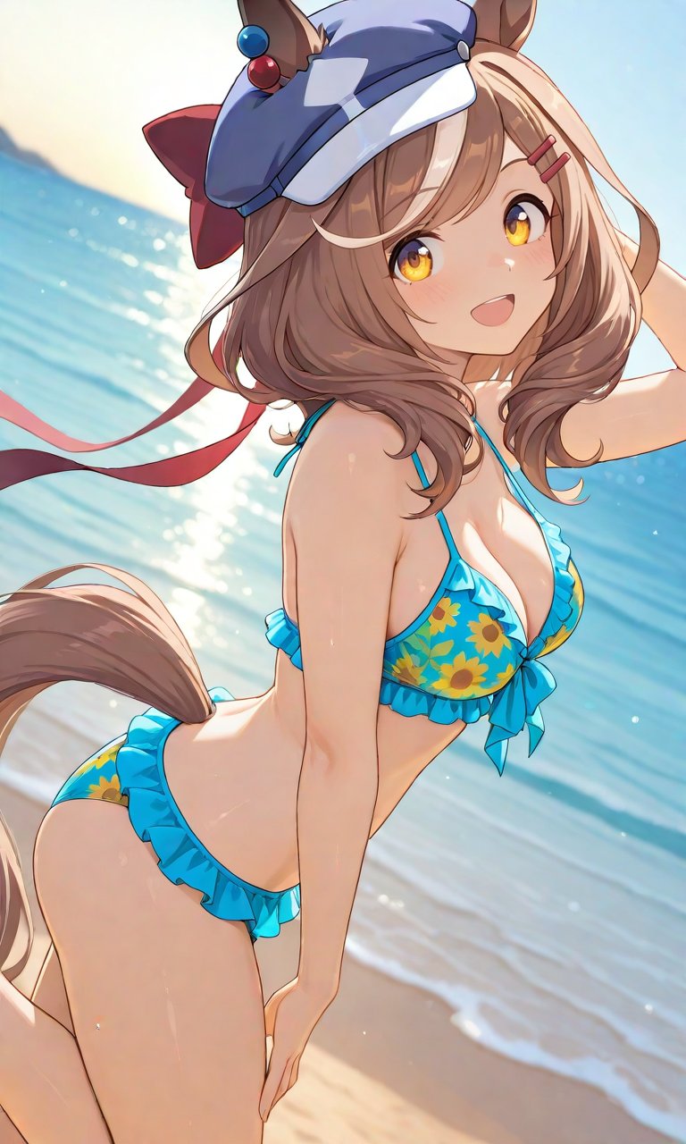 ai_generated beach big_breasts blue_bikini blue_cap brown_hair cap hands_on_breasts hanging_breasts large_breasts looking_at_viewer matikane_tannhauser_(umamusume) ocean sea seaside umamusume umamusume_pretty_derby yellow_eyes