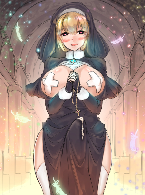1futa, big breasts, big penis, blonde hair, blush, breasts, clothed, clothing, cum, cum leaking, cum through clothes, erection under clothes, feathers, futa only, futanari, gloves, heart-shaped pupils, horny, human, intersex, looking at viewer, mostly clothed, nun, pale skin, pasties, penis, solo, standing, thighhighs, urakata (artist), white legwear, wide hips