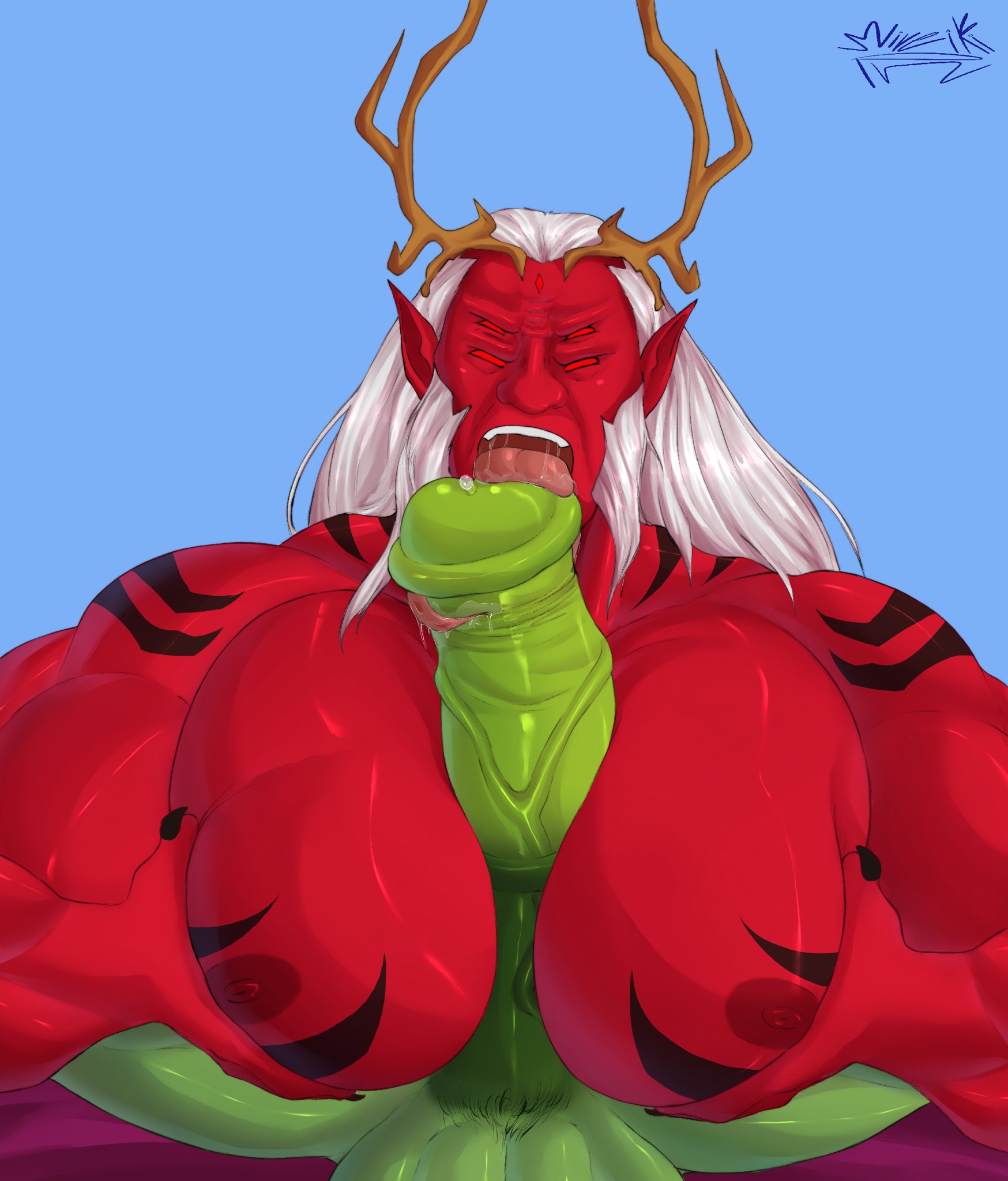 2boys, bara, beast boy, big breasts, big nipples, big penis, blue background, breasts, dark nipples, dc, dc comics, demon, demon horns, frown, frowning, gay, gay male, green body, green skin, horse penis, horsecock, huge cock, large penis, licking, licking penis, long hair, looking at viewer, male, male only, male/male, mireikiphanie, mouth open, muscles, muscular, muscular male, nipples, nude, nude male, oral, oral sex, pec grab, pecjob, pecs, penis, penis between breasts, pov, precum, red body, red eyes, red skin, saliva, saliva drip, saliva on penis, saliva on tongue, saliva string, saliva trail, simple background, size difference, tattoo, tattoos, teen titans, tongue, tongue out, tonguejob, trigon, veiny penis, white hair