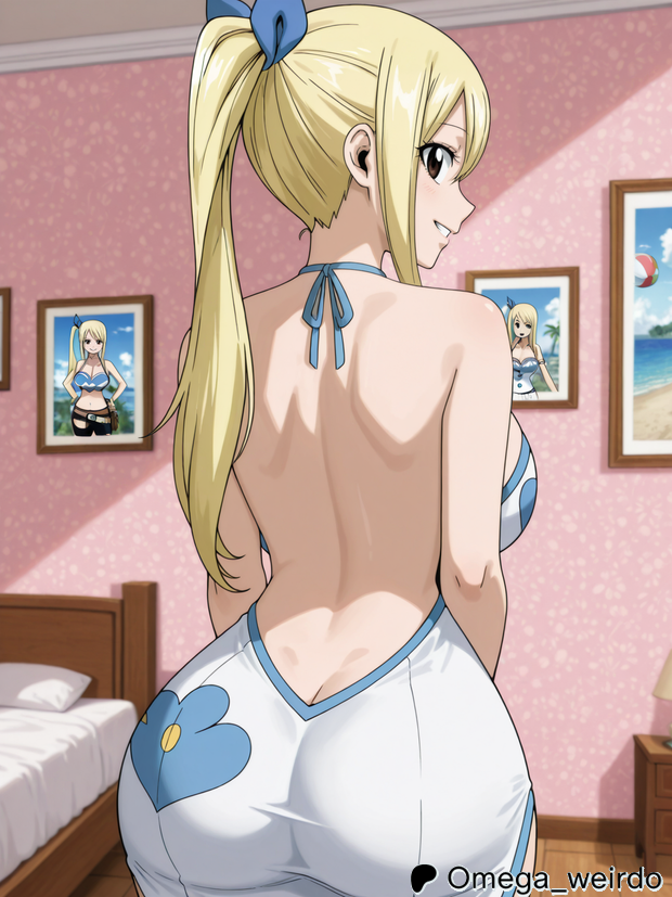 1girl ai_generated arched_back back_view bed bedroom big_ass big_breasts blonde_female blonde_hair blush brown_eyes dress fairy_tail hair_ribbon halterneck indoors long_hair looking_at_viewer looking_back lucy_heartfilia omega_weirdo patreon presenting_ass smile smiling_at_viewer solo solo_female solo_focus teasing