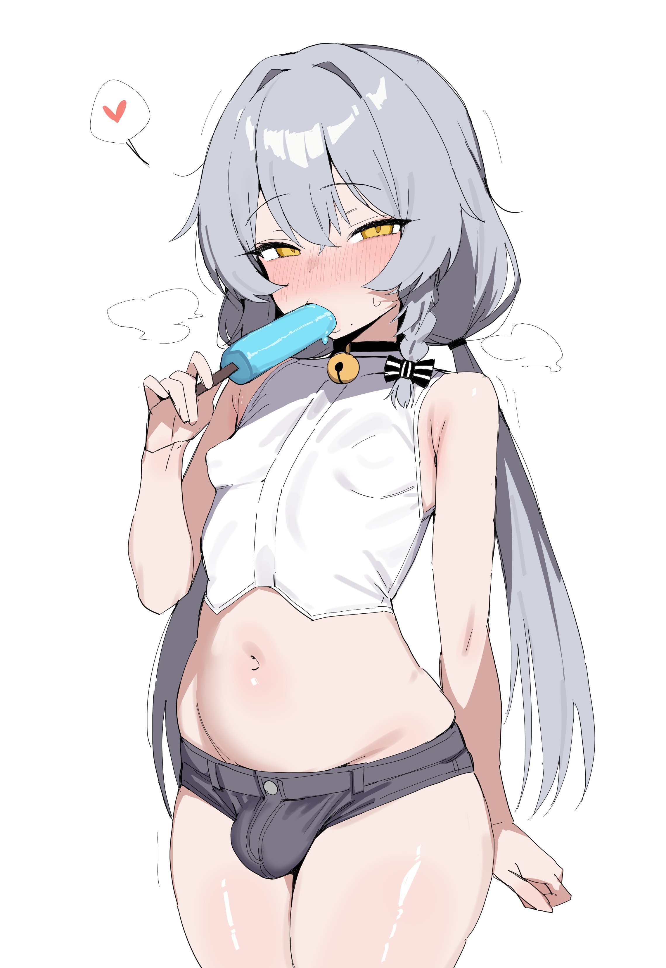 1boy, 2026, 2d, 2d (artwork), bell, bell collar, belly, belly button, blush, blushing, blushing at viewer, booty shorts, bulge, bulge through clothing, bulge under clothes, choker, color, colored, crossdressing, crossdressing (mtf), crossdressing male, femboy, femboy only, grey hair, heart, heart symbol, light skin, light-skinned male, long hair, looking at viewer, male, male only, midriff, nipple bulge, nipples visible through clothing, otoko no ko, otokonoko, popsicle, seductive, seductive eyes, seductive look, sexually suggestive, simple background, skimpy, skimpy clothes, solo, solo femboy, solo focus, solo male, speech bubble, spoken heart, standing, steam, sucking, sucking popsicle, suggestive, suggestive gesture, suggestive look, sweat, sweating, tongkkangi, tongkkangi (streamer), trap, white background, xipa, yellow eyes