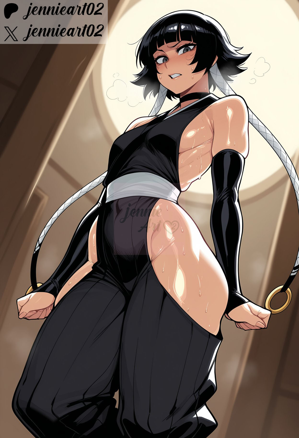 1girl, ai generated, artist name, bare hips, bare shoulders, black choker, black eyes, black hair, black kimono, black sleeves, bleach, blunt bangs, blush, breasts, bridal gauntlets, choker, clenched hands, clothing, covered navel, detached sleeves, female, from below, hip vent, indoors, japanese clothes, jennieart02, looking at viewer, patreon, patreon logo, patreon username, shiny skin, short hair, short hair with long locks, sideboob, sideless outfit, skindentation, small breasts, soifon, solo, standing, steaming body, sui-feng, sweat, teeth, thigh cutout, thighs, traditional clothes, twitter, twitter username, wafuku, watermark, web address