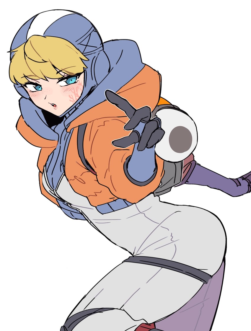 1female 1females 1girl 1girls 1woman 1women apex_legends arched_back bent_over blonde blonde_female blonde_hair blue_eyes clothed fully_clothed hood hood_up looking_at_viewer mouth_open pointing_at_viewer scarred_face scars solo solo_female solo_focus tagme tagme_(artist) wattson wattson_(apex_legends)