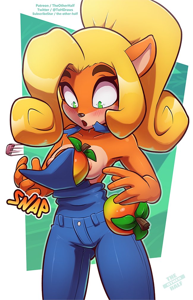 accidental exposure, activision, anthro, bandicoot, breasts, coco bandicoot, crash (series), embarrassed, embarrassed nude female, enf, female, furry, marsupial, nipples, the other half, wardrobe malfunction