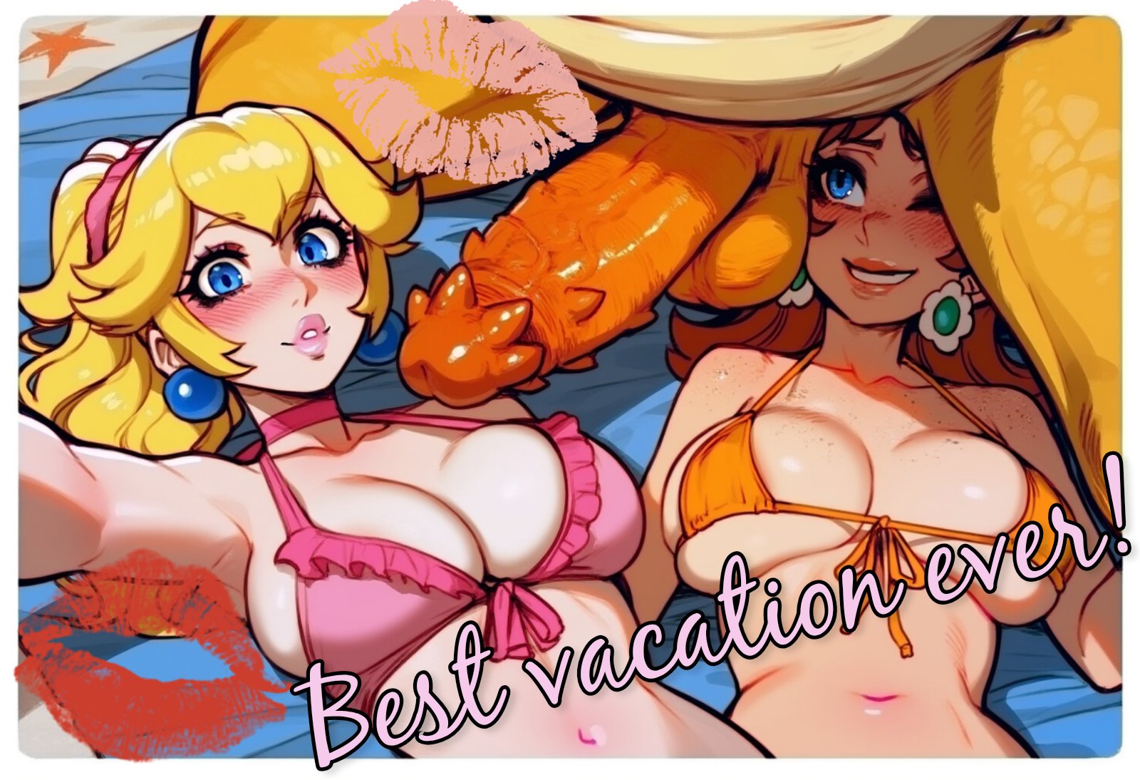 1boy, 2girls, ai generated, beach, big breasts, big penis, bikini, blonde hair, bowser, brown hair, cheating, cheating girlfriend, earrings, english text, erection, ffm threesome, hanasen, huge breasts, huge cock, interspecies, large balls, large breasts, large testicles, lipstick, lipstick mark, mario (series), monster, netorare, ntr, outdoors, ponytail, postcard, princess daisy, princess peach, selfie, spiked penis, super mario bros., testicles, text, threesome