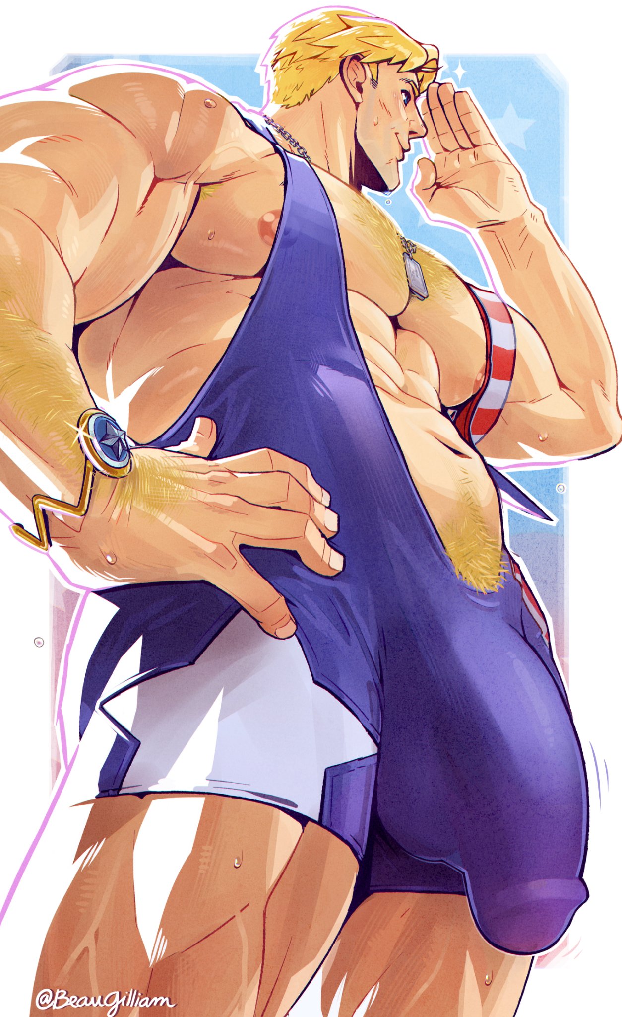 bara beach beaugilliam blonde_hair bulge captain_america captain_america_(marvel_rivals) cock dick male male_only marvel marvel_rivals muscular muscular_male penis solo summer