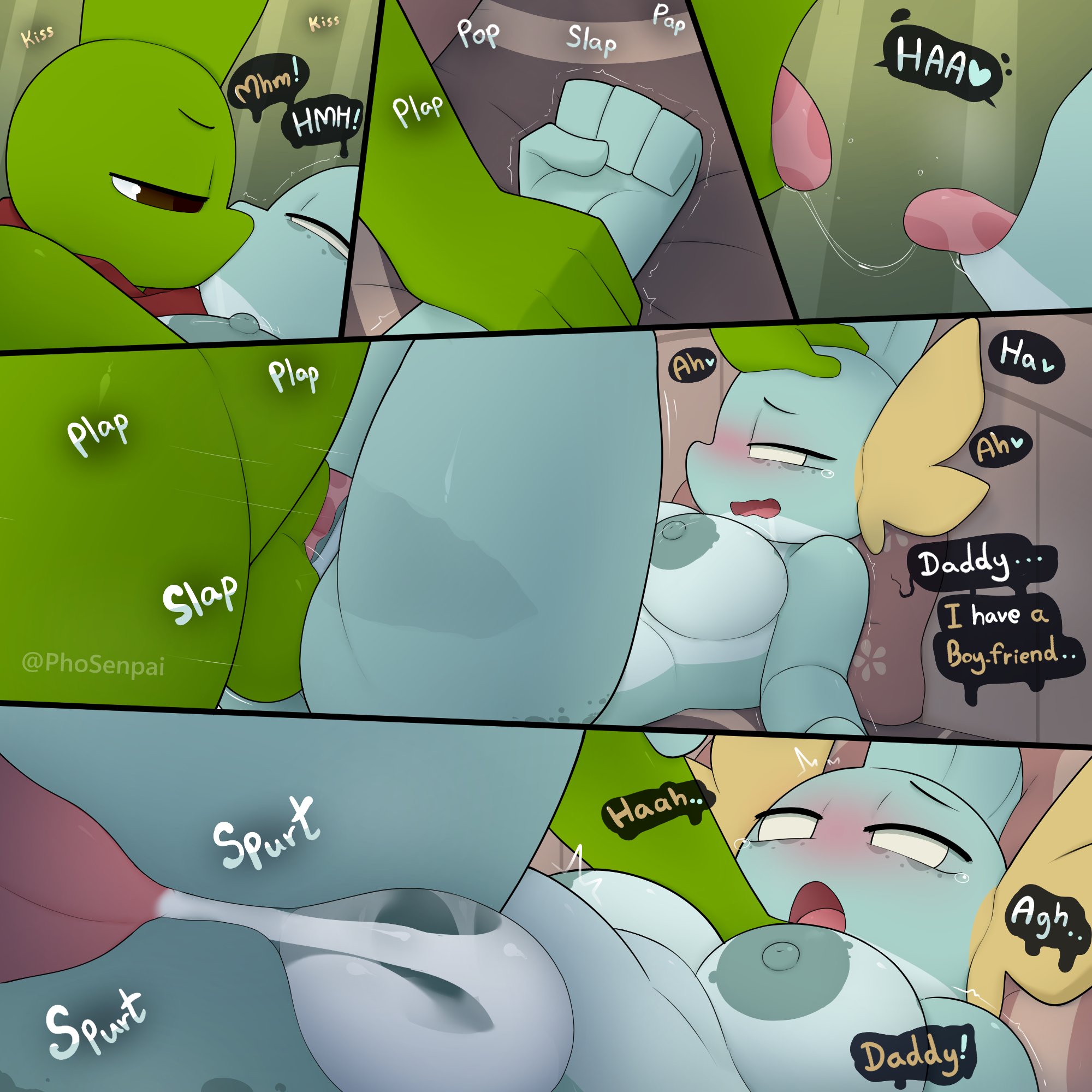 anthro, balls deep, bed, big balls, big breasts, comic, cum, cum in pussy, cum inside, father and daughter, female, furry, generation 2 pokemon, generation 3 pokemon, holding down, incest, jay (1-upclock), kay (1-upclock), kiss, kissing, larvitar, male, male/female, mating press, mudkip, nipples, no humans, penetration, phosenpai, pokemon, questionable consent, rape, sex, thick thighs, tits, tounge out, vaginal penetration