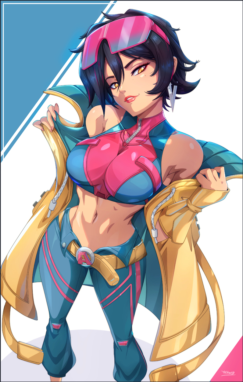 belly, belly button, blue clothing, boobs, breasts, earring, felox08, glasses, glasses on head, jubilee, jubilee (marvel rivals), lips, marvel, marvel comics, pink clothing, short hair, tagme, tits, yellow eyes