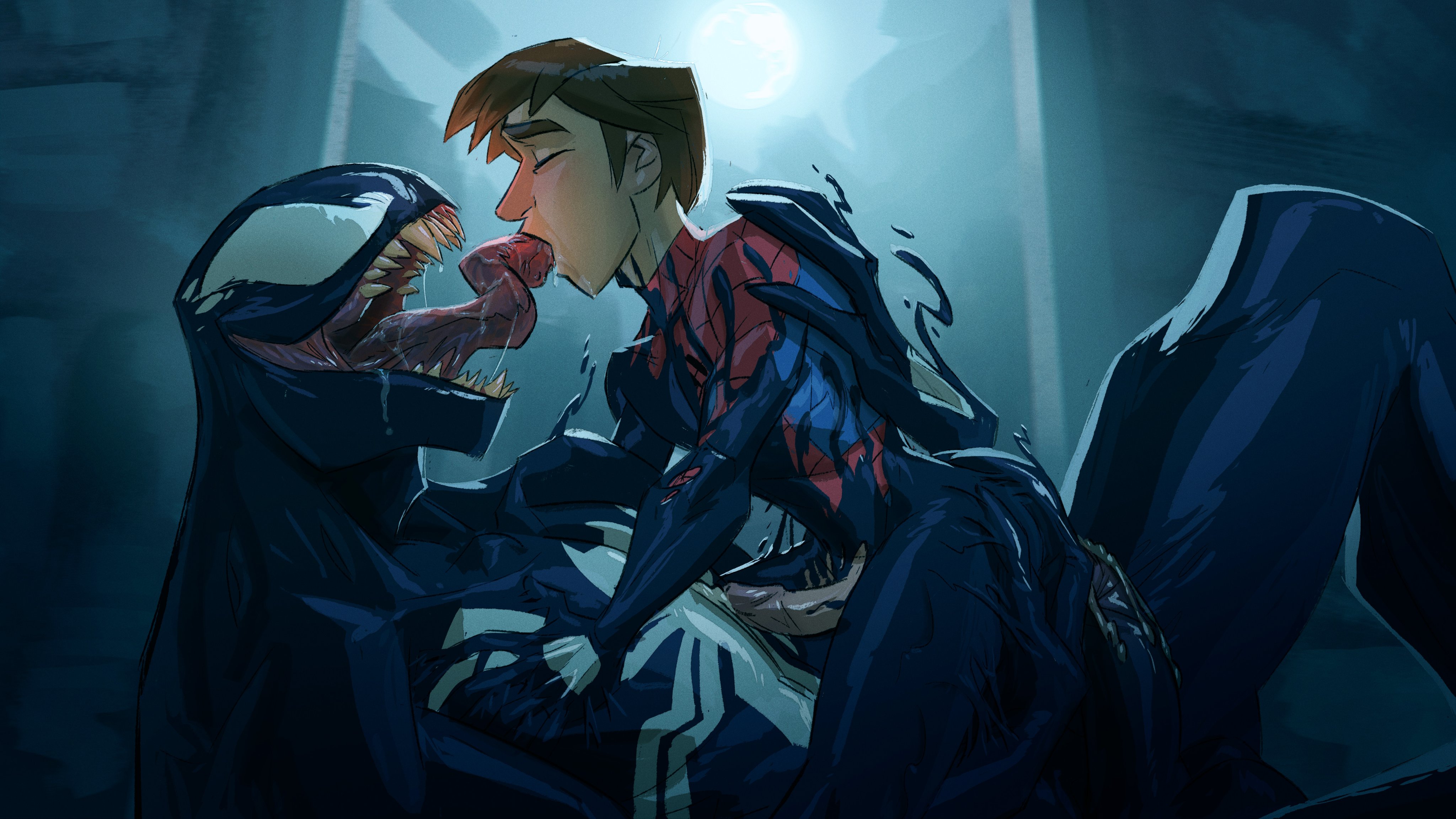 2boys, assimilation, cum, cum on body, cum on upper body, erection, extreme french kiss, gay, male, male focus, male on male, male only, marvel, marvel comics, maxspite, peter parker, size difference, smooth skin, spider-man, spider-man (series), tongue, tongue kiss, venom, venom (marvel), yaoi