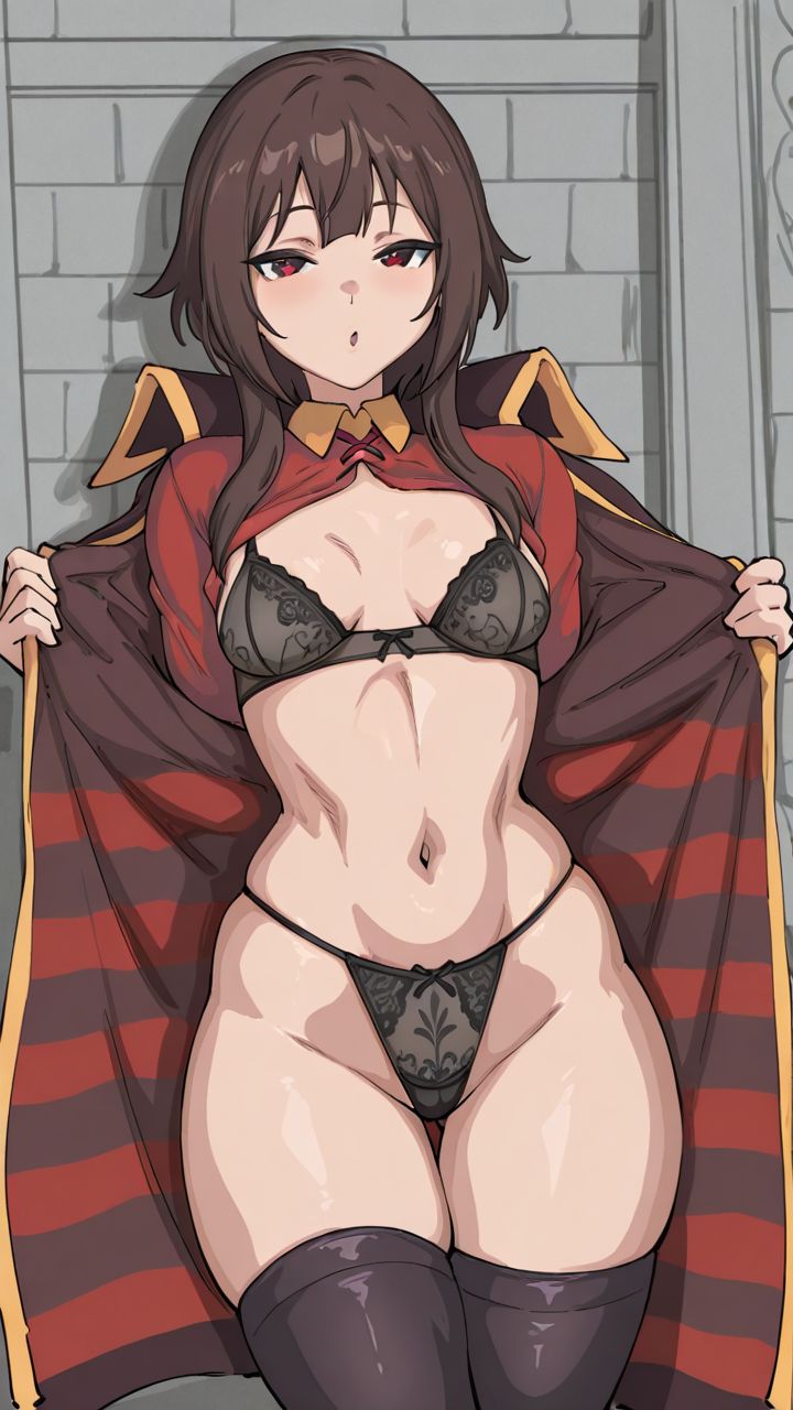 1girl ai_generated bra brown_hair curvy curvy_body curvy_female curvy_figure kono_subarashii_sekai_ni_shukufuku_wo! kyoru189 light-skinned_female light_skin mature_female megumin panties red_eyes seductive seductive_look small_breasts solo solo_female stockings