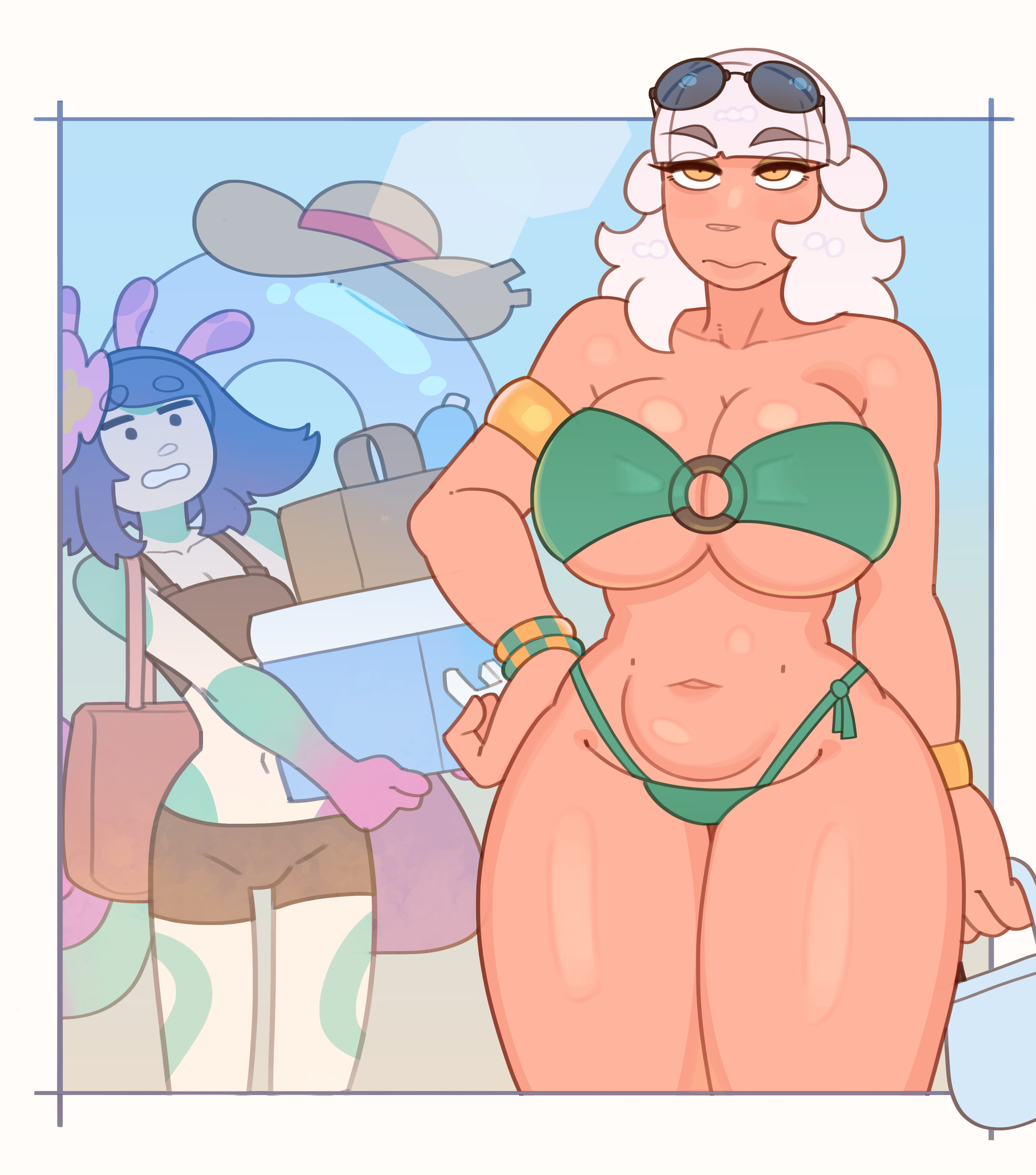 abs, beach, big breasts, big thighs, bikini, blue hair, boobs, breasts, dark skin, dark-skinned female, huge breasts, huge thighs, league of legends, light skin, light-skinned female, massive breasts, massive thighs, neeko, qiyana yunalai, splashbrush, thick thighs, thighs, white hair, yellow eyes