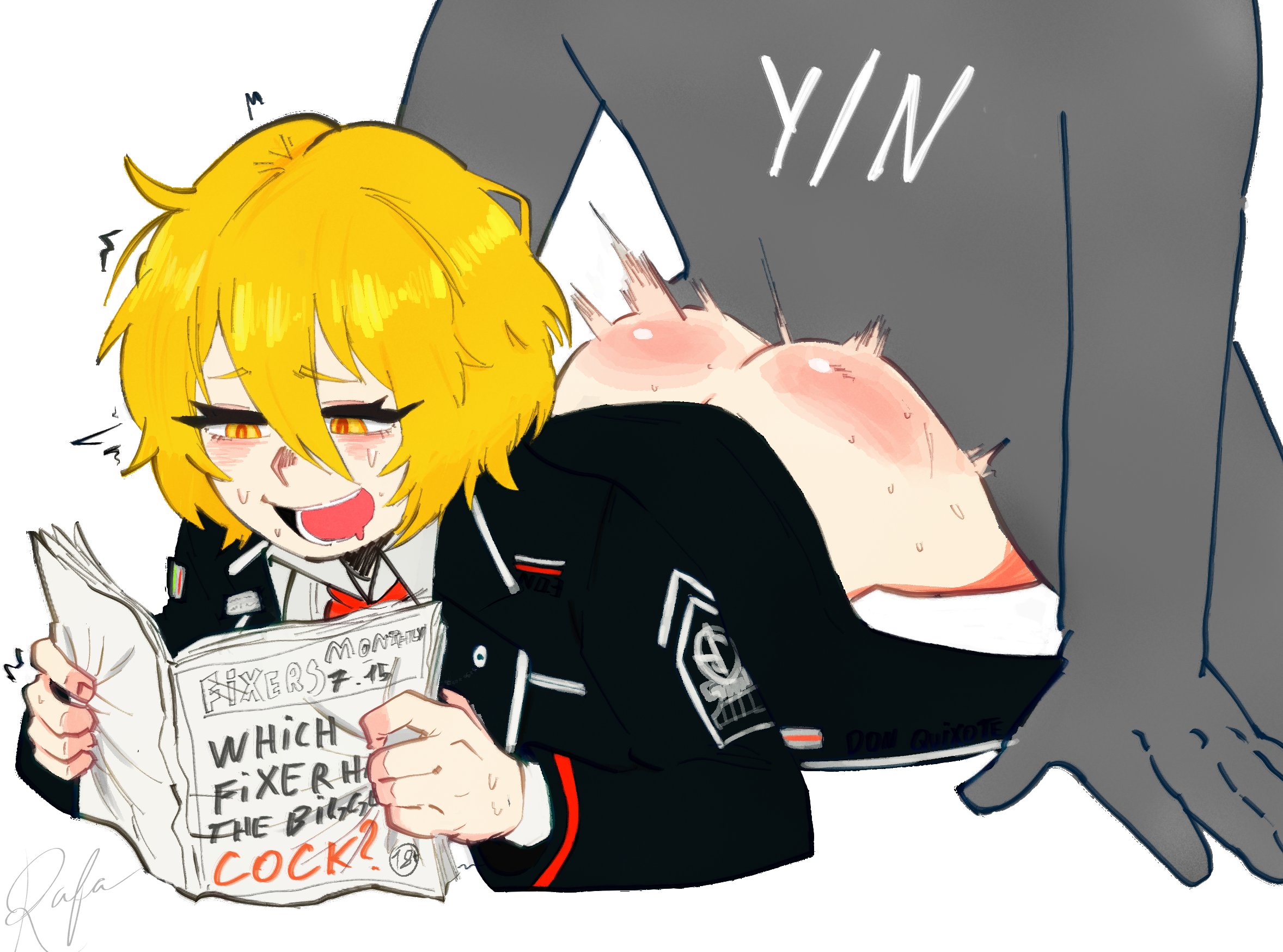 1boy, 1girls, ass, blonde hair, blush, bottomless, don quixote (limbus company), grey body, limbus company, open mouth, partially clothed, project moon, rafa on da webz, reading, sex, short hair, smile, sweat, thick thighs, yellow eyes